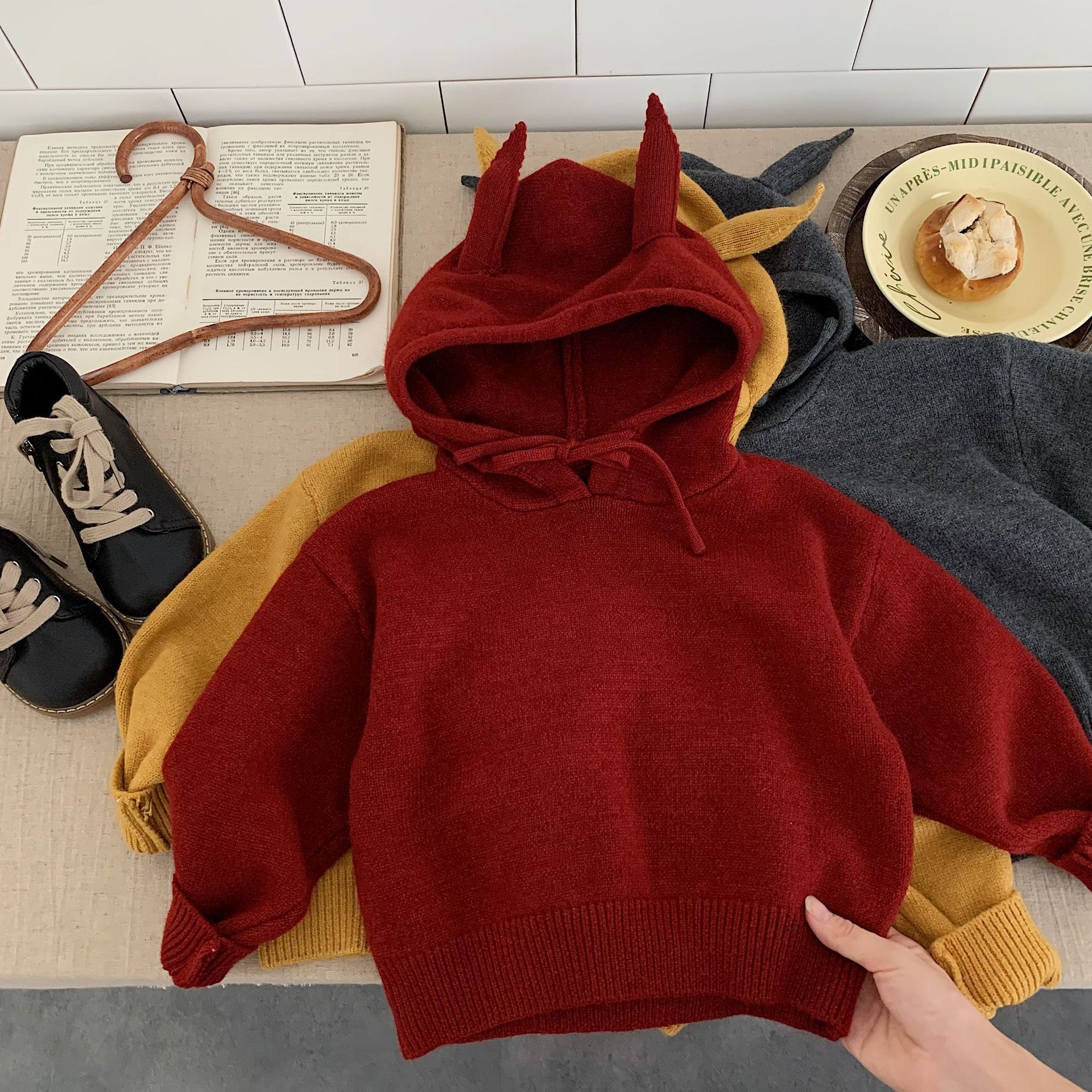 Kid Hooded Ear Solid Color Sweater
