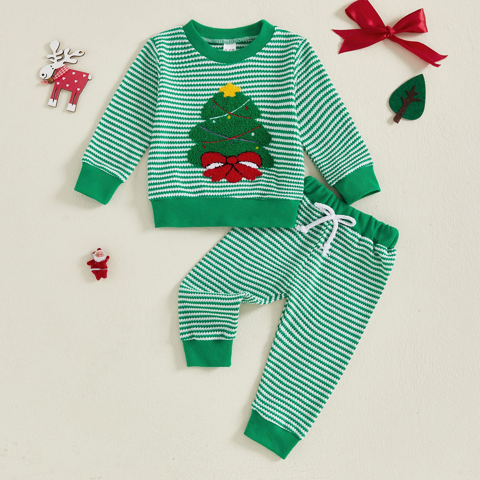 Baby Christmas Waffle Kids Christmas Tree Embroidery Stripe 2-Piece Set