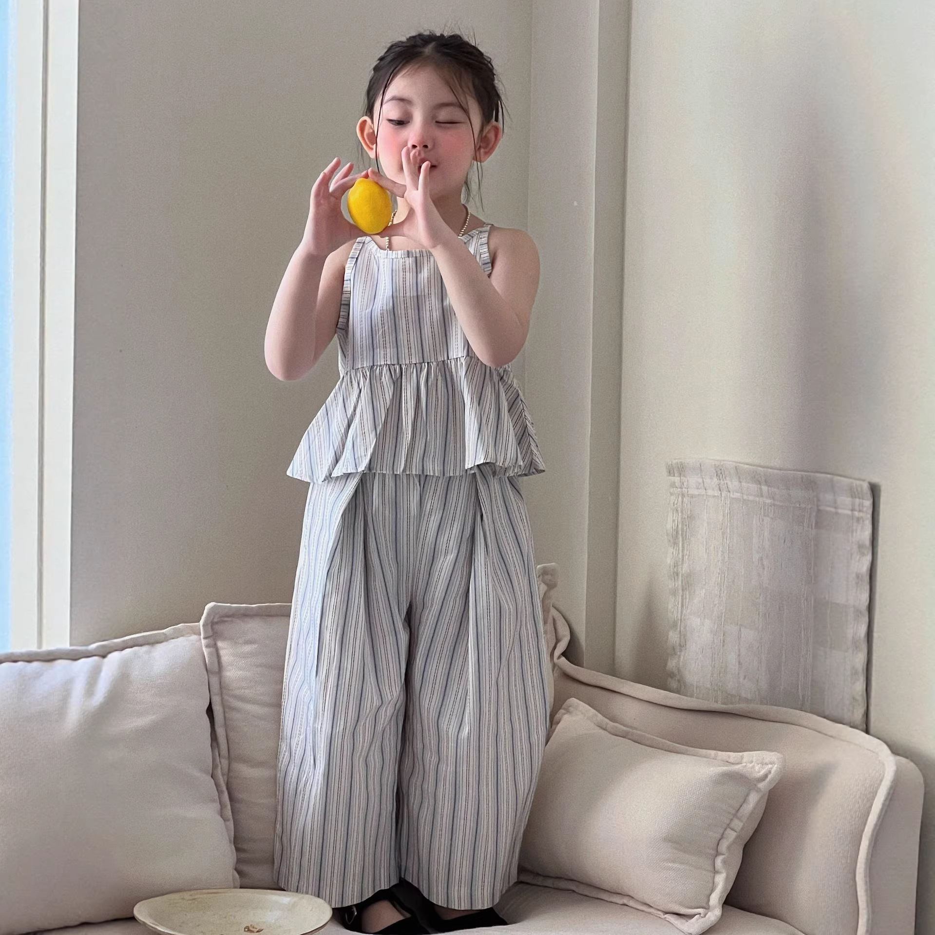 Kids Girl Blue White Stripe Casual Two Piece Set