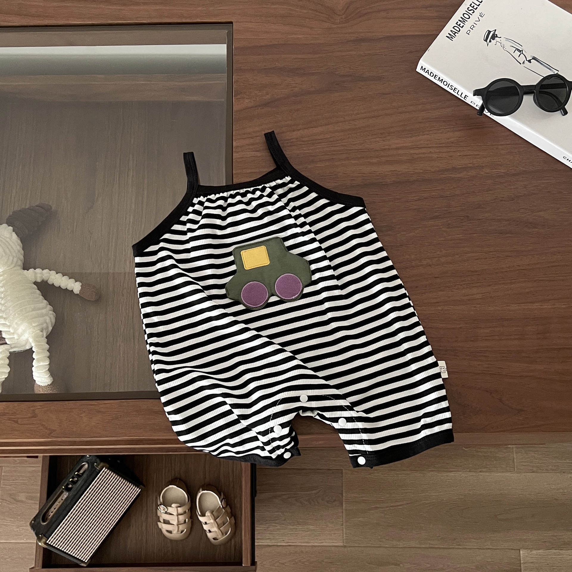 Baby Car Patch Striped Suspender Romper