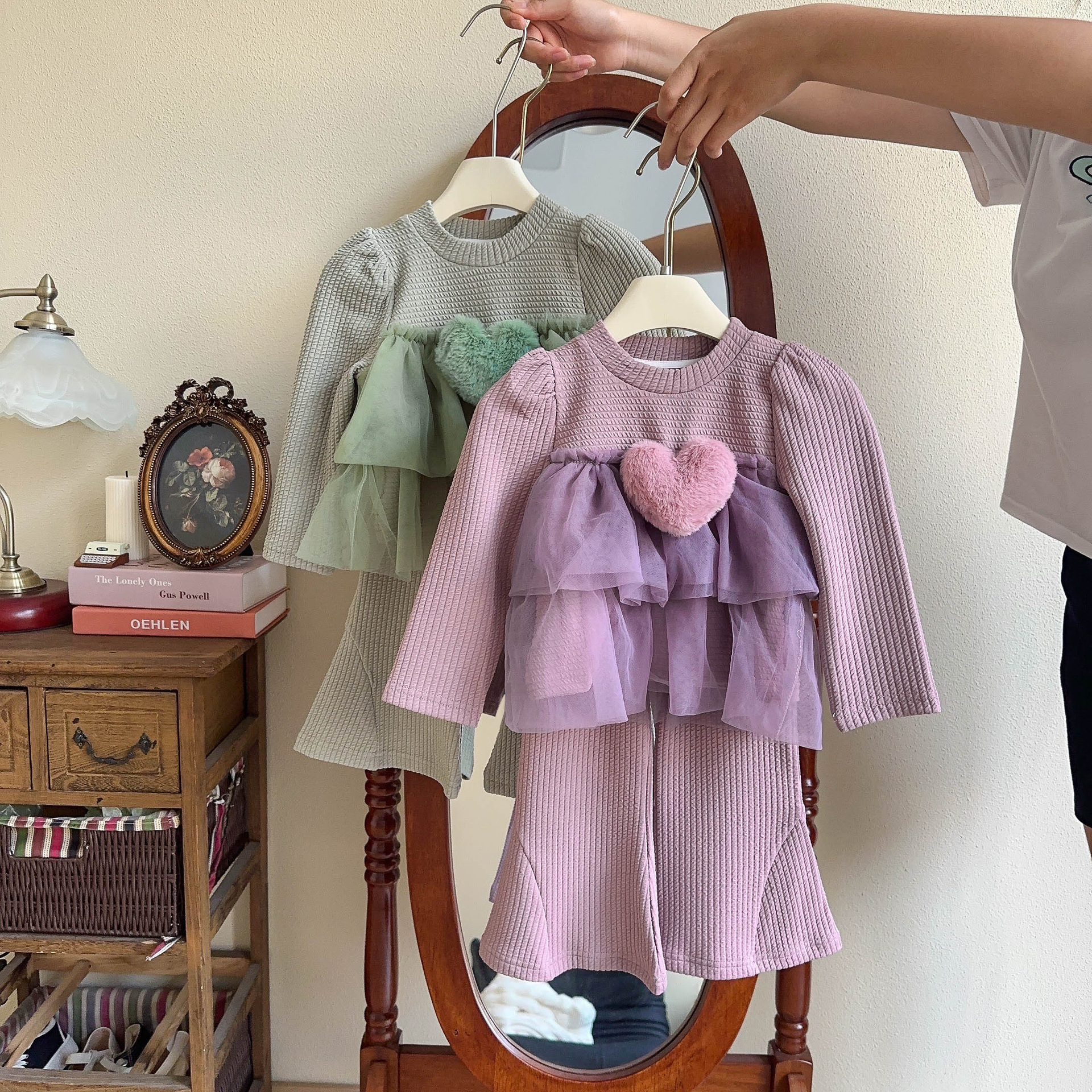 Toddler Girl Plush Heart Mesh Top and Pants 2-piece Sets