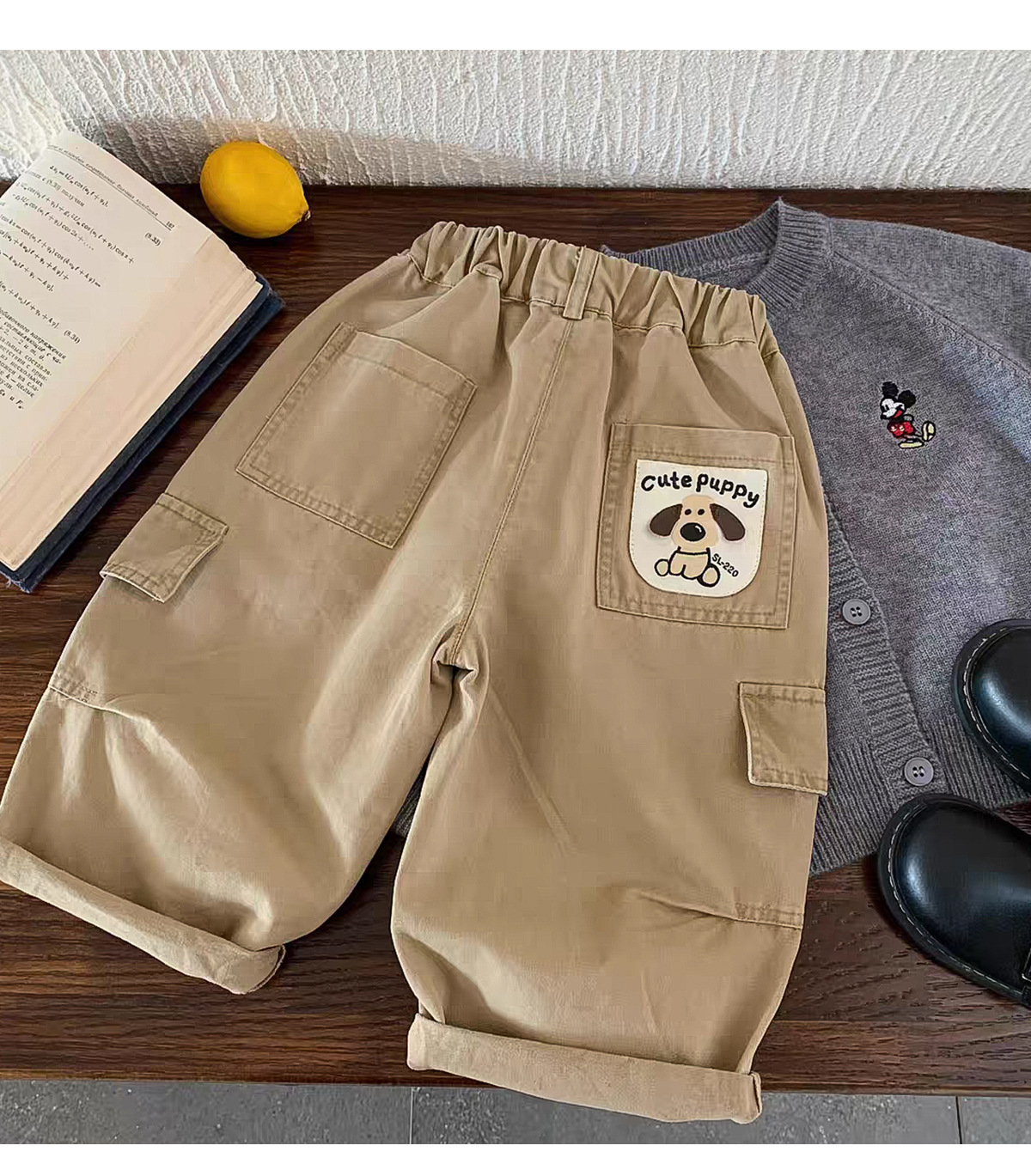 Kids Solid Color Embroidered Dog Cargo Pants