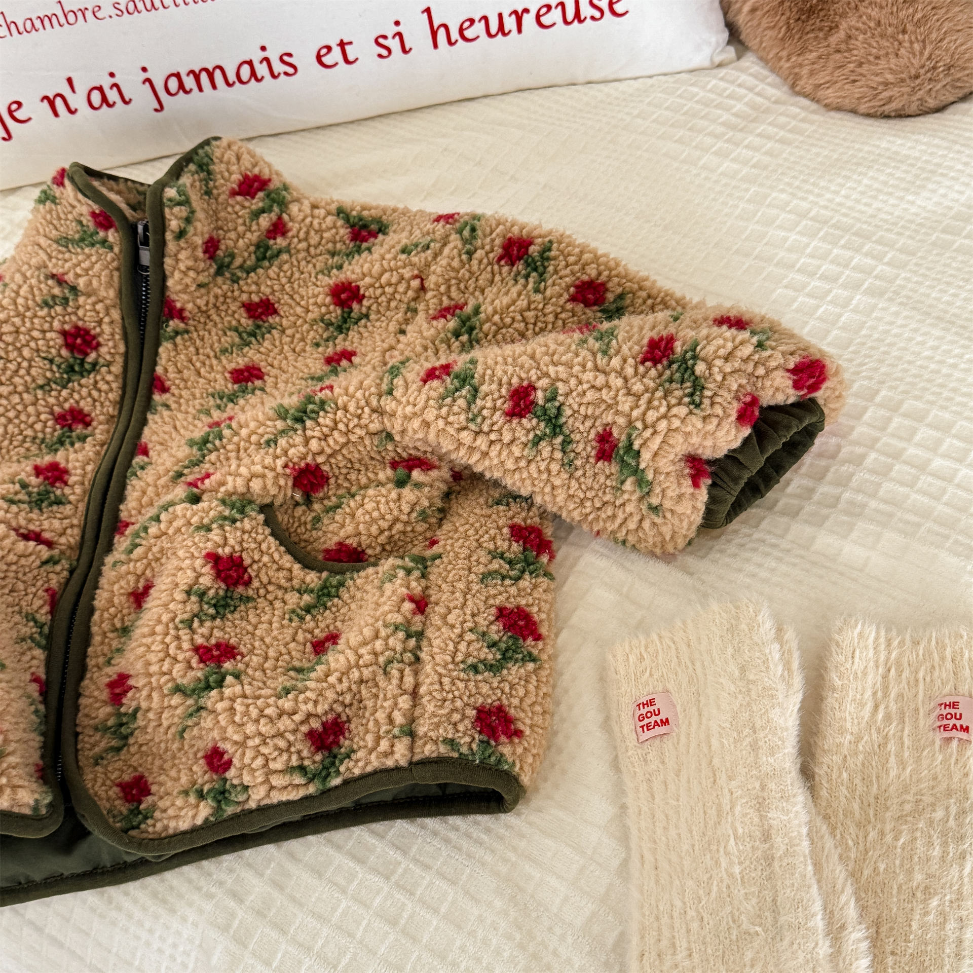 Kids Girls Floral Print Sweet Fleece Outerwear