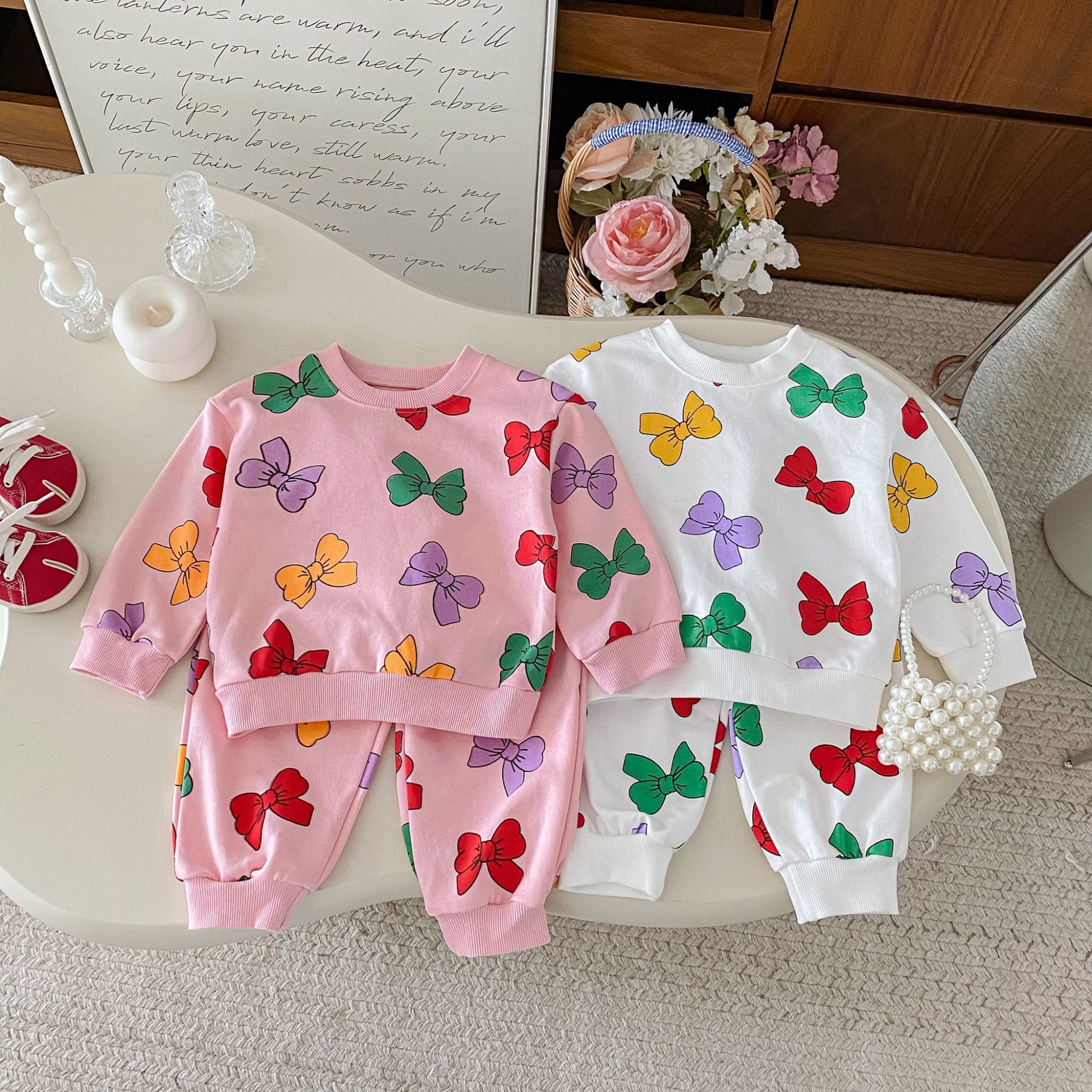 Toddler Girl 2 Piece Colorful Bow Sweatshirt Set