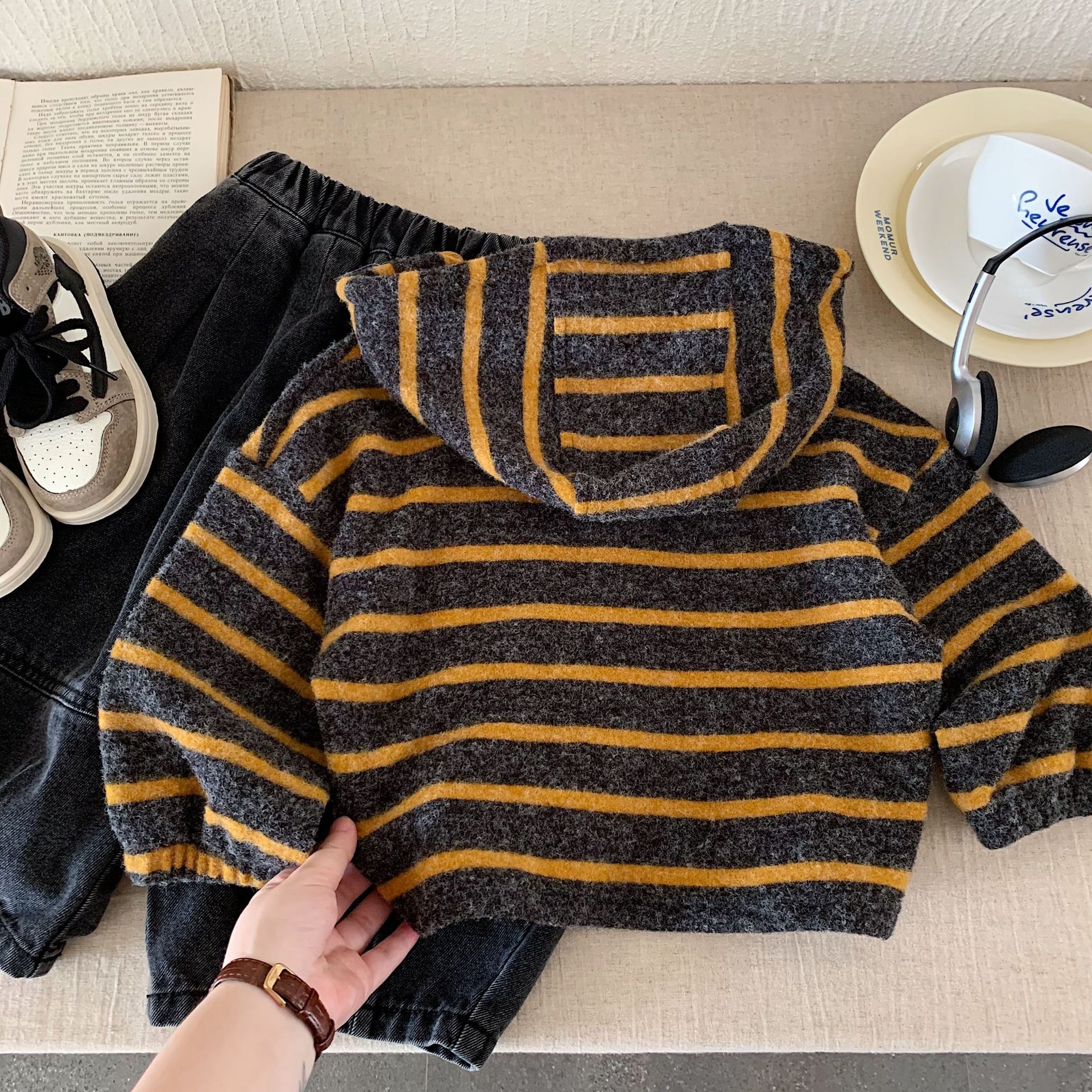 Kid Striped Hooded Contrasting Sweatshirt