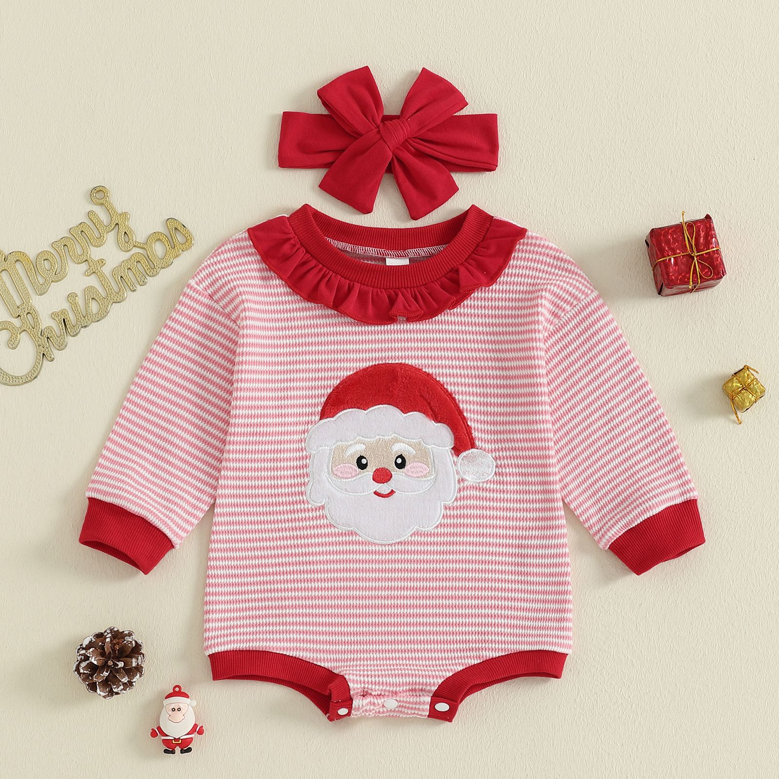 Baby Girl Christmas Santa Embroidery Stripe Bodysuit with Headband 2-Piece Set