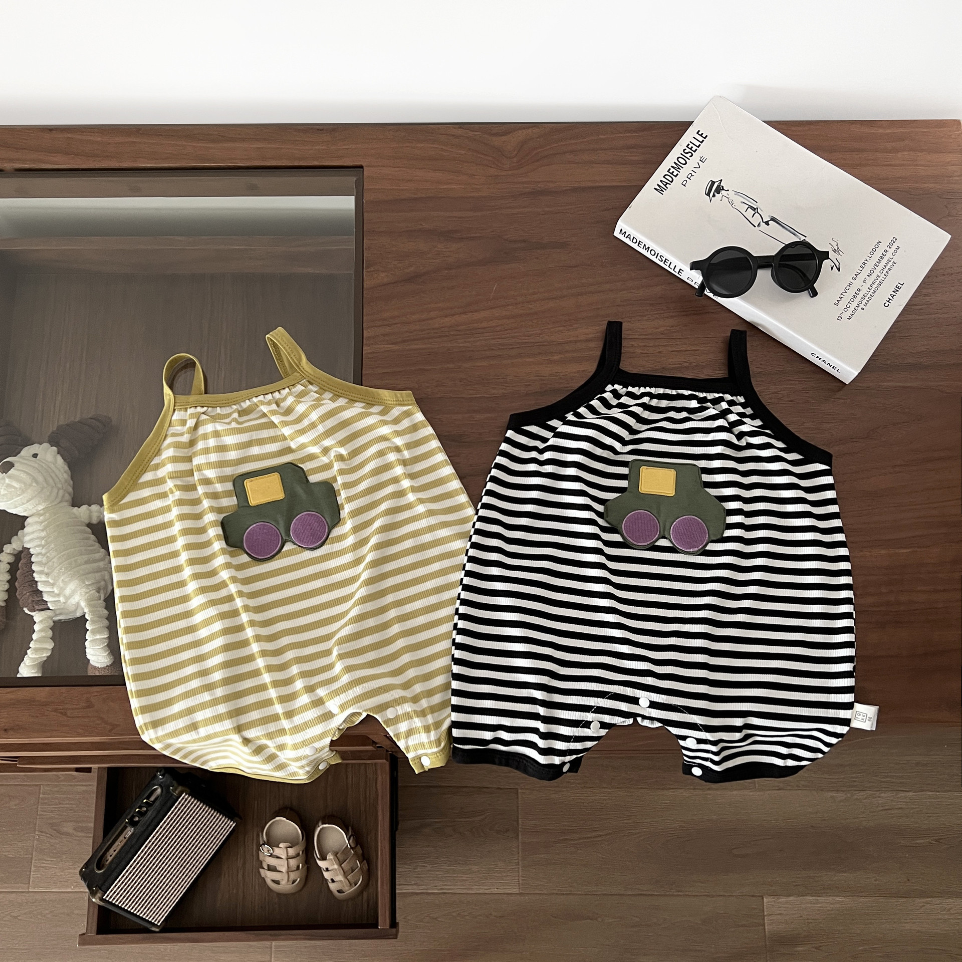 Baby Car Patch Striped Suspender Romper