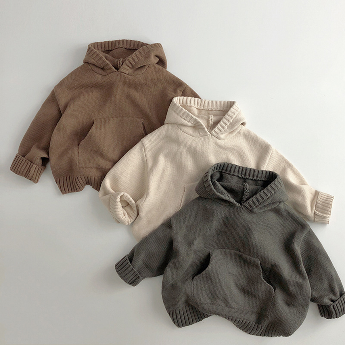 Kid Solid Color Hooded Knitted Sweater