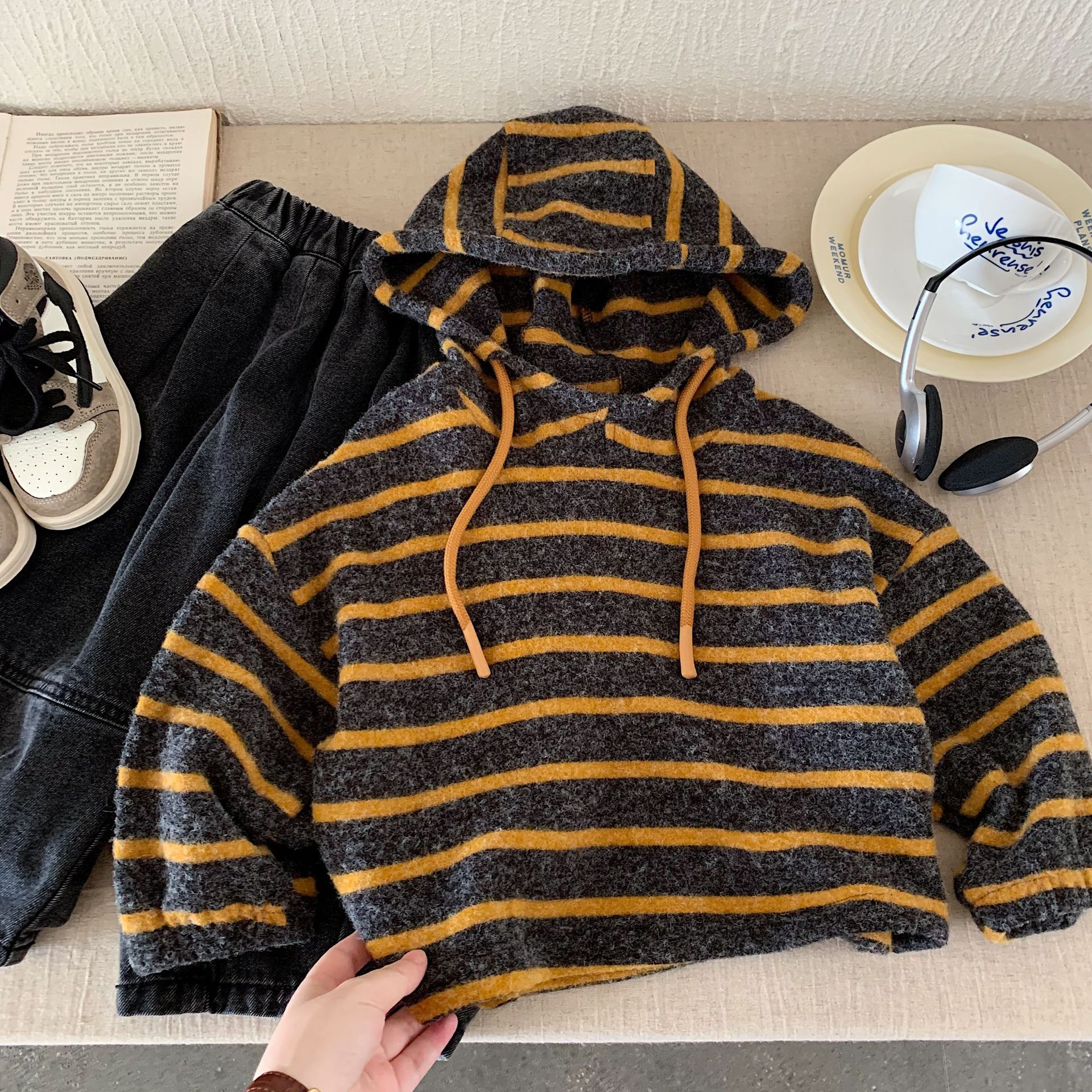Kid Striped Hooded Contrasting Sweatshirt