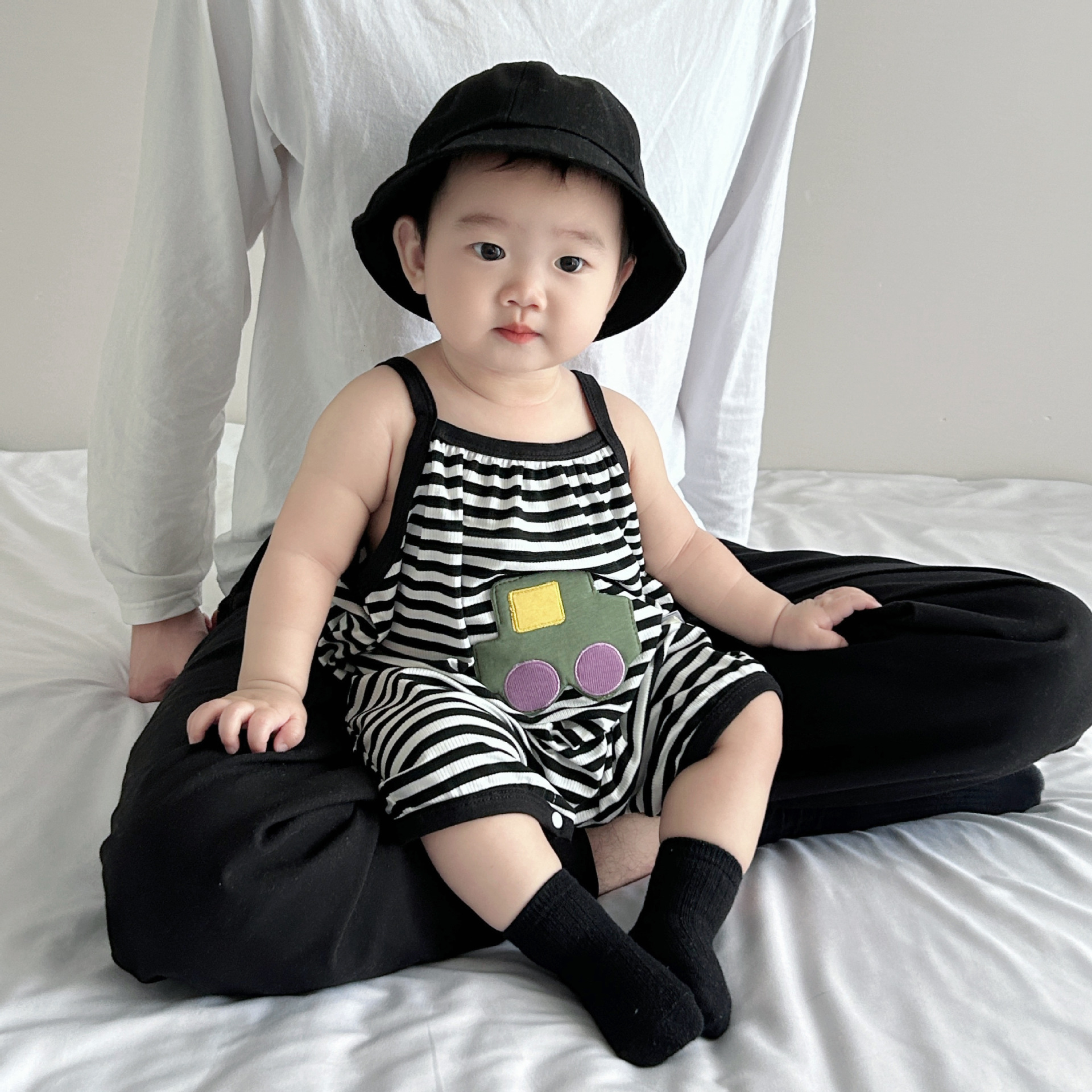 Baby Car Patch Striped Suspender Romper