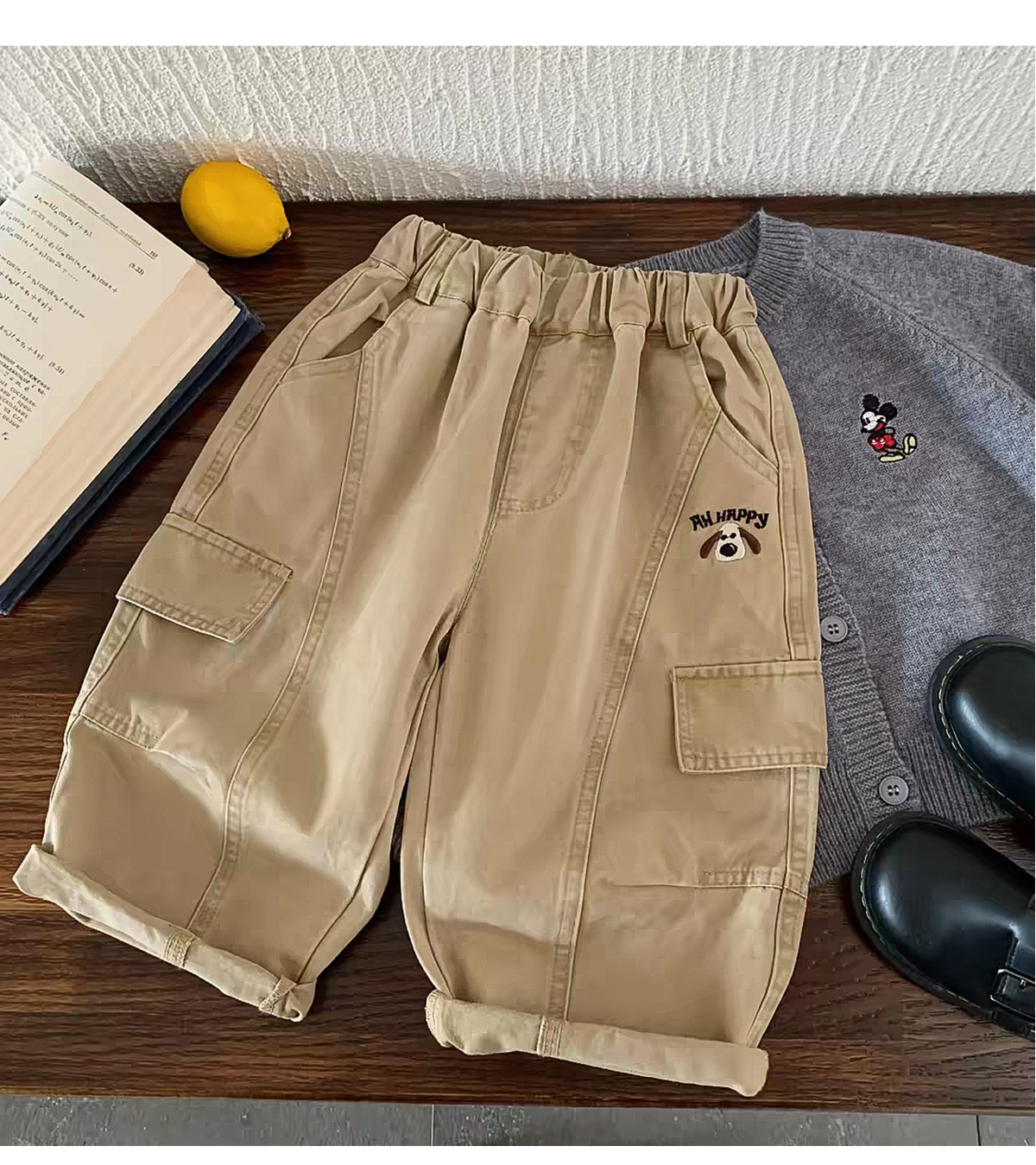 Kids Solid Color Embroidered Dog Cargo Pants