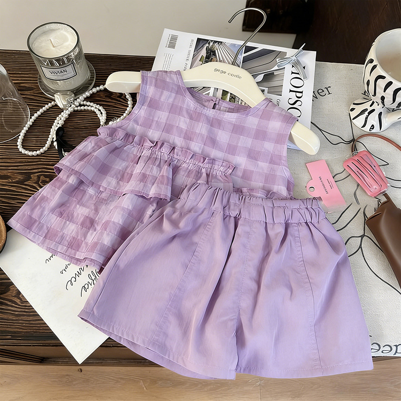 Kid Girls Plaid Sleeveless Vest and Shorts 2-piece Set