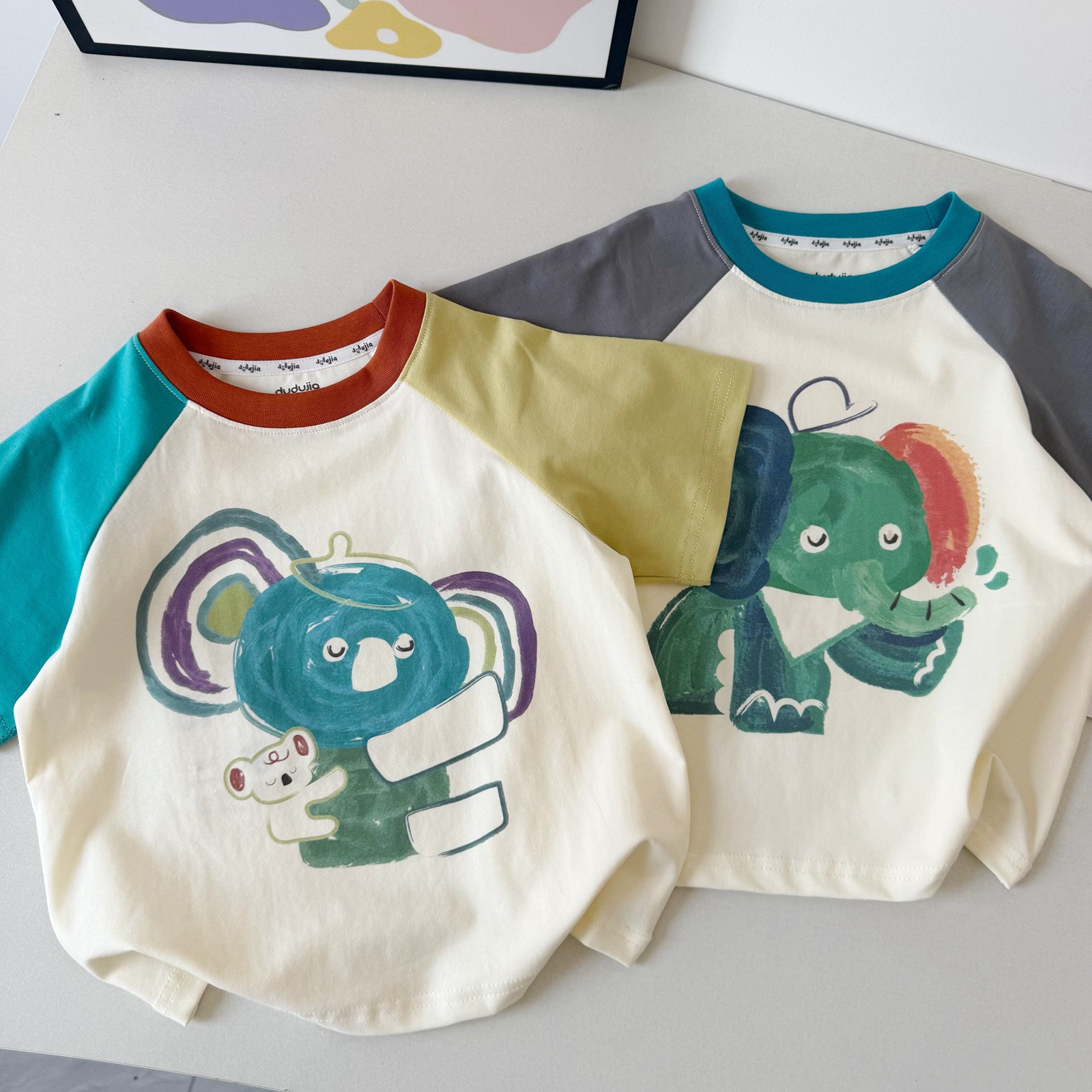 Boy Elephant Contrast Color T-shirt T-shirt