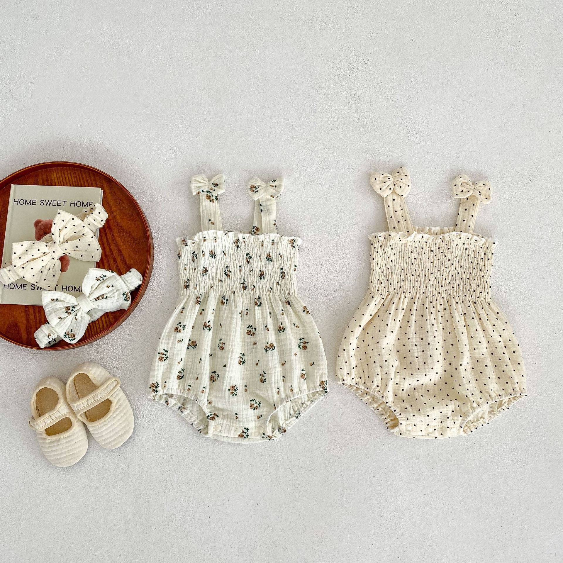 Baby Girl Polka Dot and Floral Patterns Bodysuit with Headband