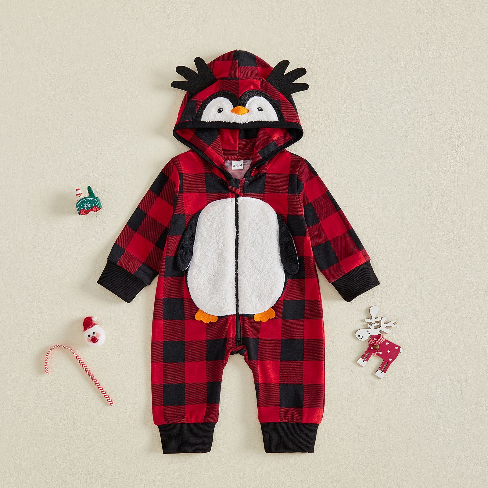 Cute Penguin Baby Hooded Zipper & Allover Print Plaid Long Sleeve Jumpsuit