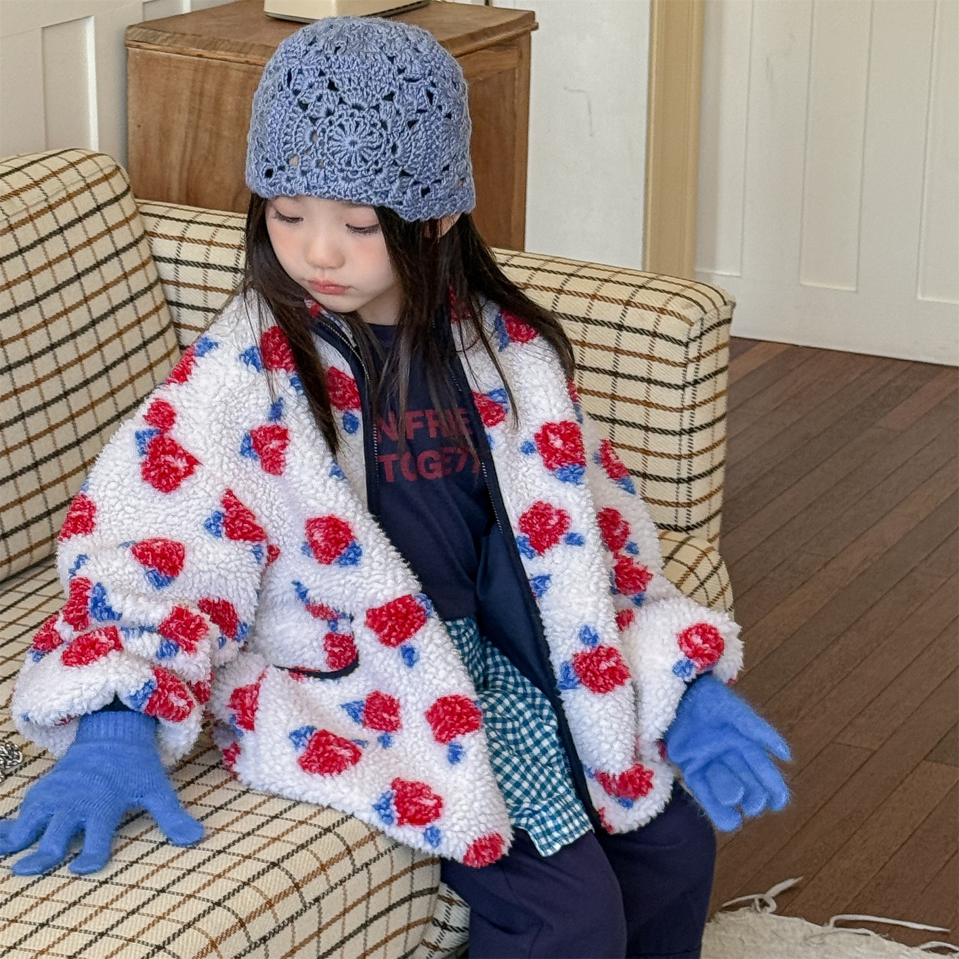 Kids Girls Floral Print Sweet Fleece Outerwear