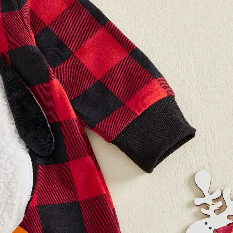 Cute Penguin Baby Hooded Zipper & Allover Print Plaid Long Sleeve Jumpsuit