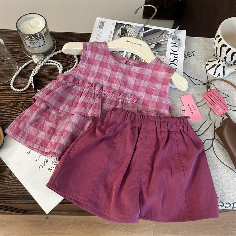 Kid Girls Plaid Sleeveless Vest and Shorts 2-piece Set