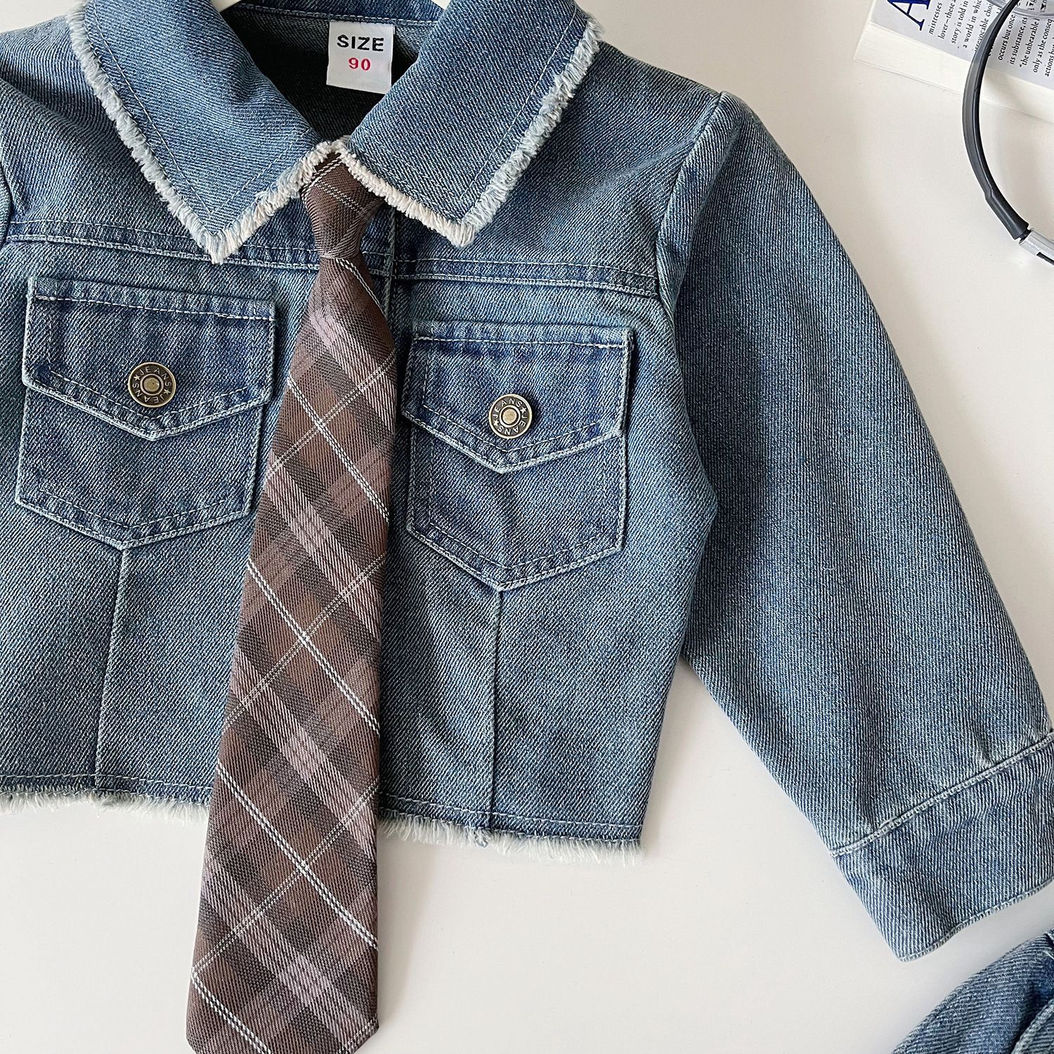 Toddler Girls Denim Jacket Pleated Skirt Suit