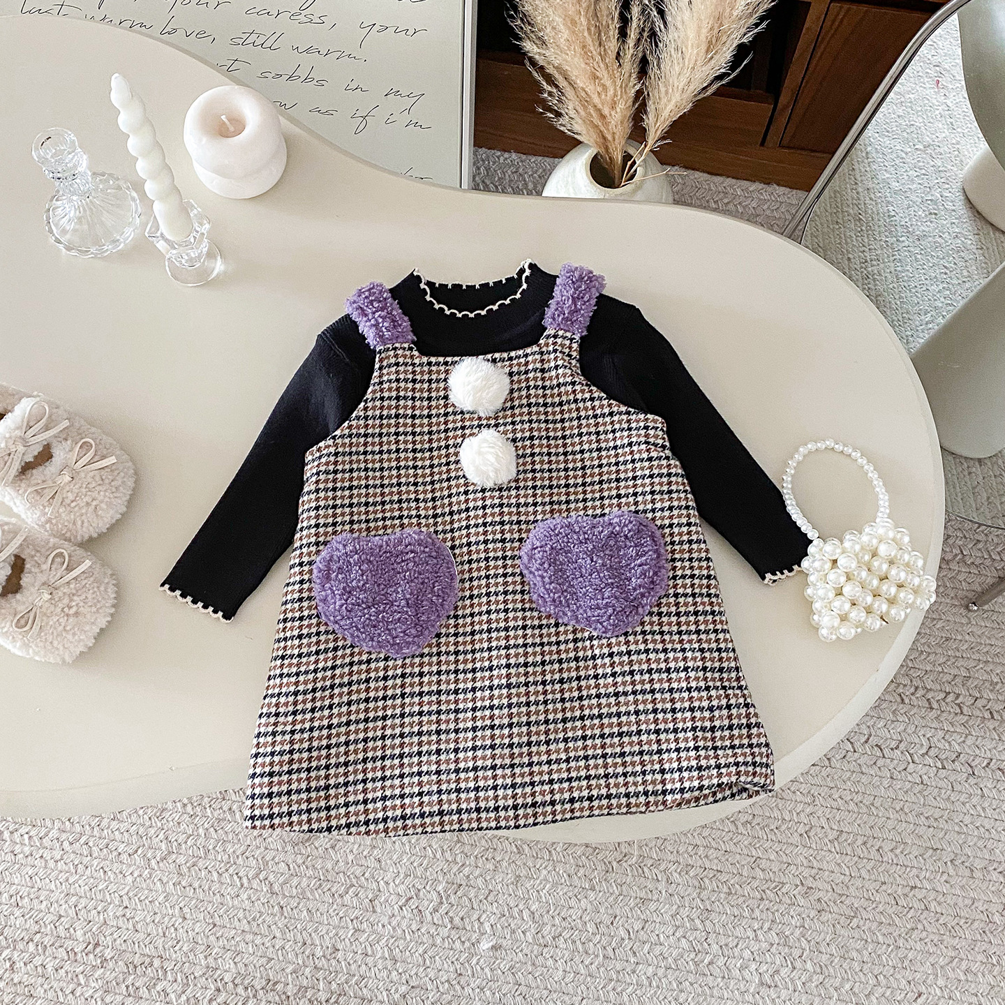 Baby Girl Plaid Heart Sleeveless Purple Dress & Black Top