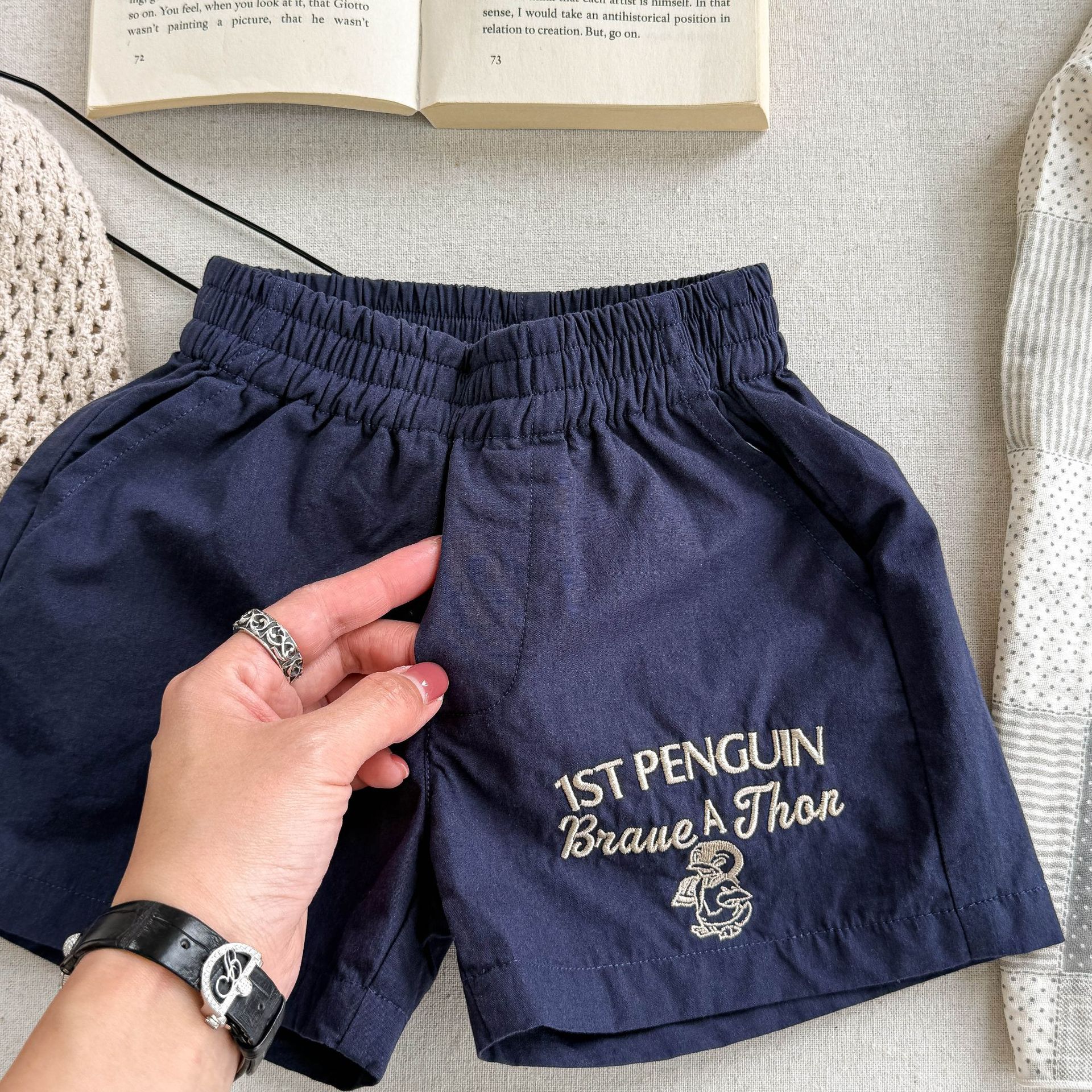 Toddler Penguins Embroidery Contrast Shorts