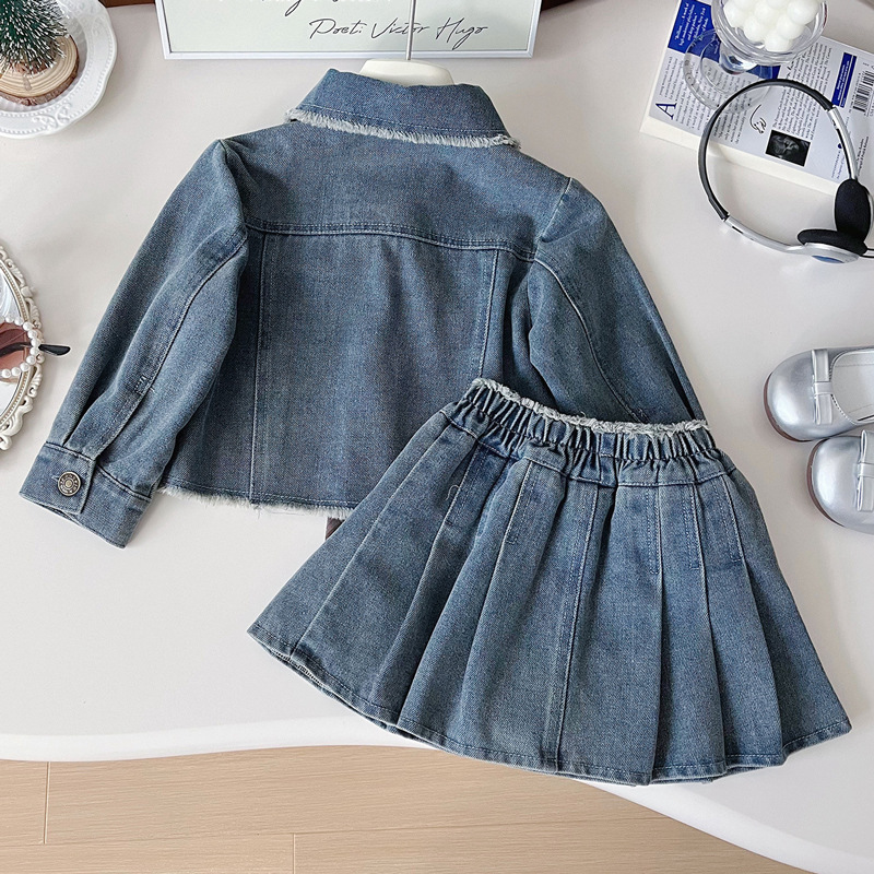 Toddler Girls Denim Jacket Pleated Skirt Suit