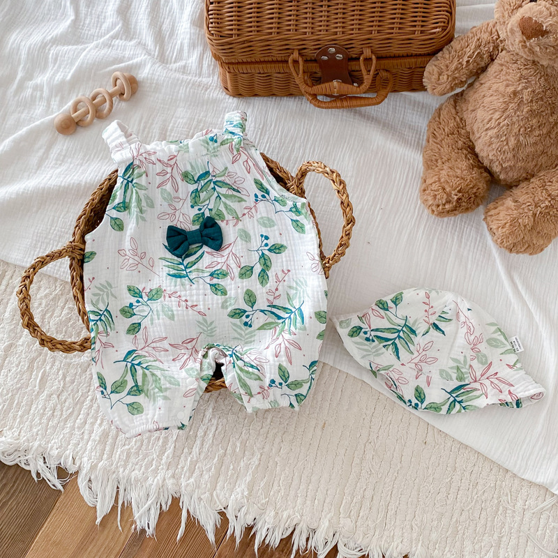 Baby Green Leaves White Romper With Hat