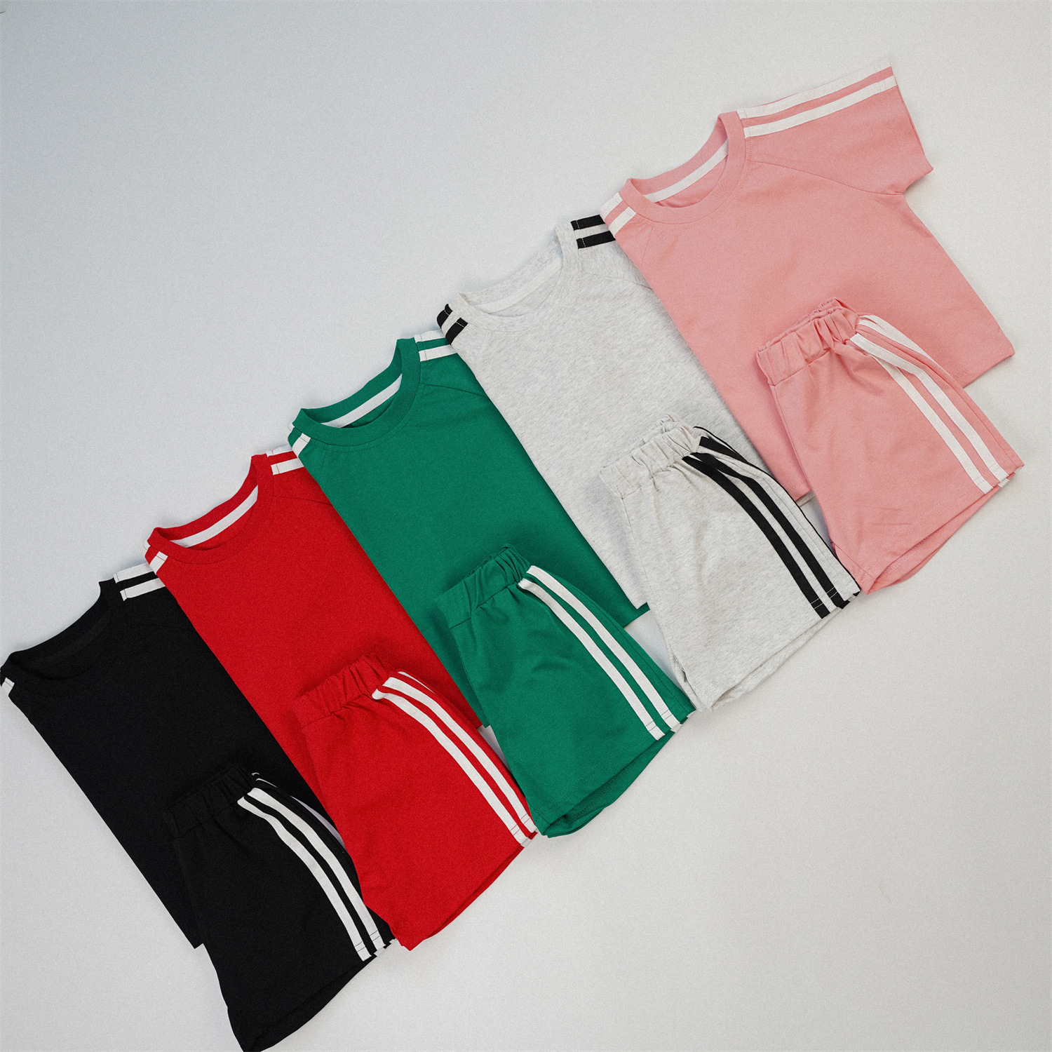 Kids Solid Color Stripe Sports Top and Short Pants Set