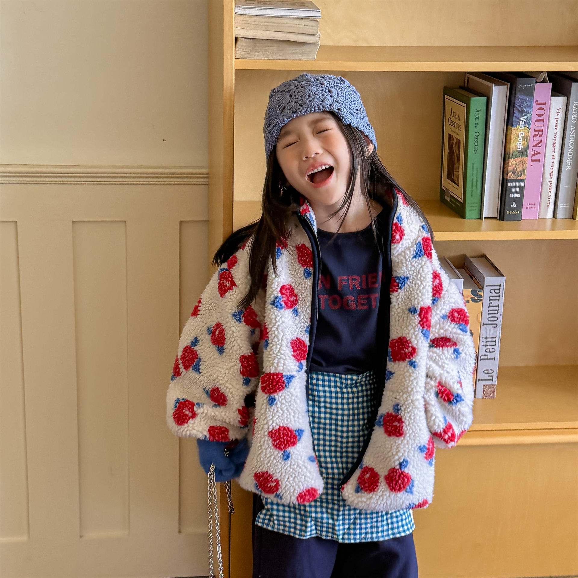 Kids Girls Floral Print Sweet Fleece Outerwear