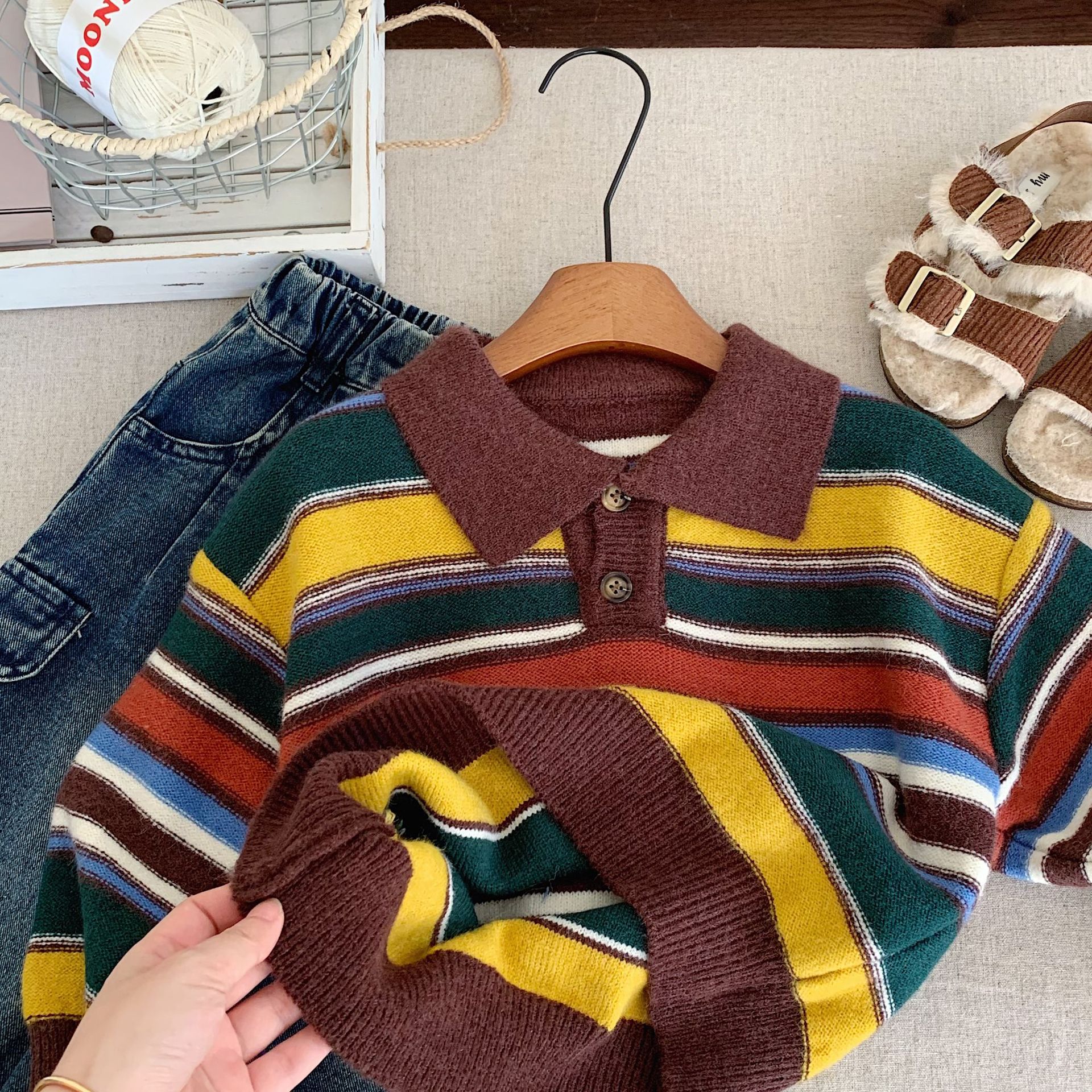 Kid Retro Colorful Striped Lapel Sweater