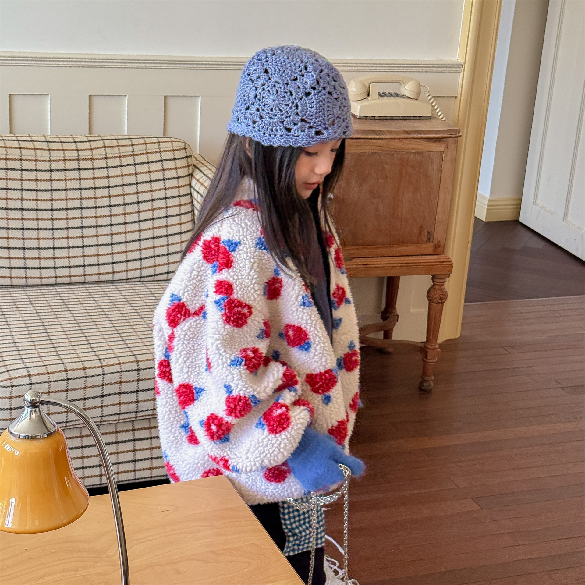 Kids Girls Floral Print Sweet Fleece Outerwear