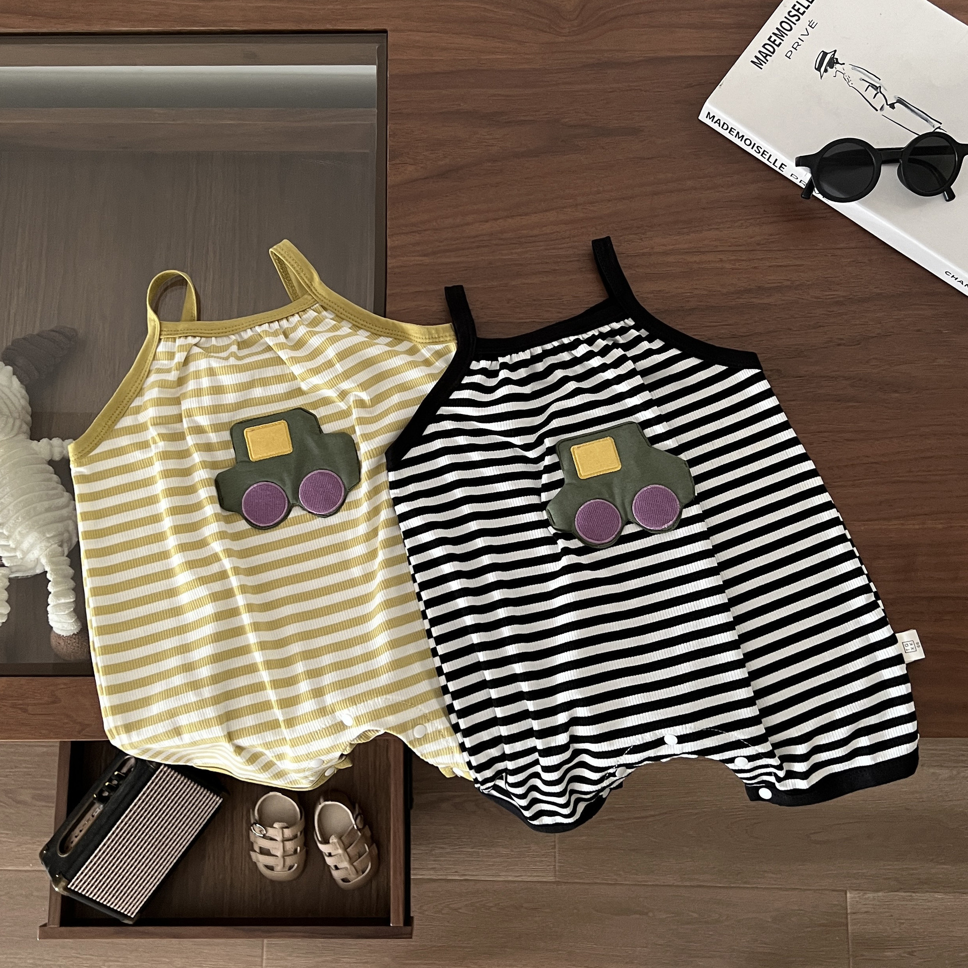 Baby Car Patch Striped Suspender Romper