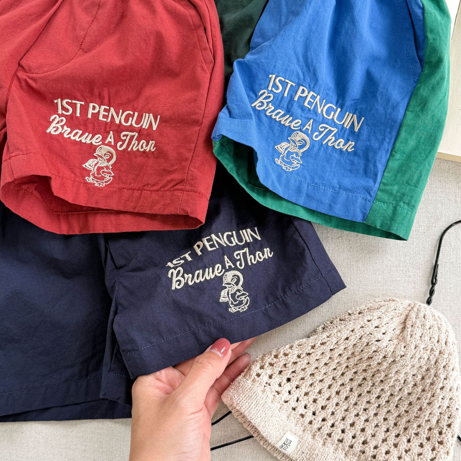 Toddler Penguins Embroidery Contrast Shorts