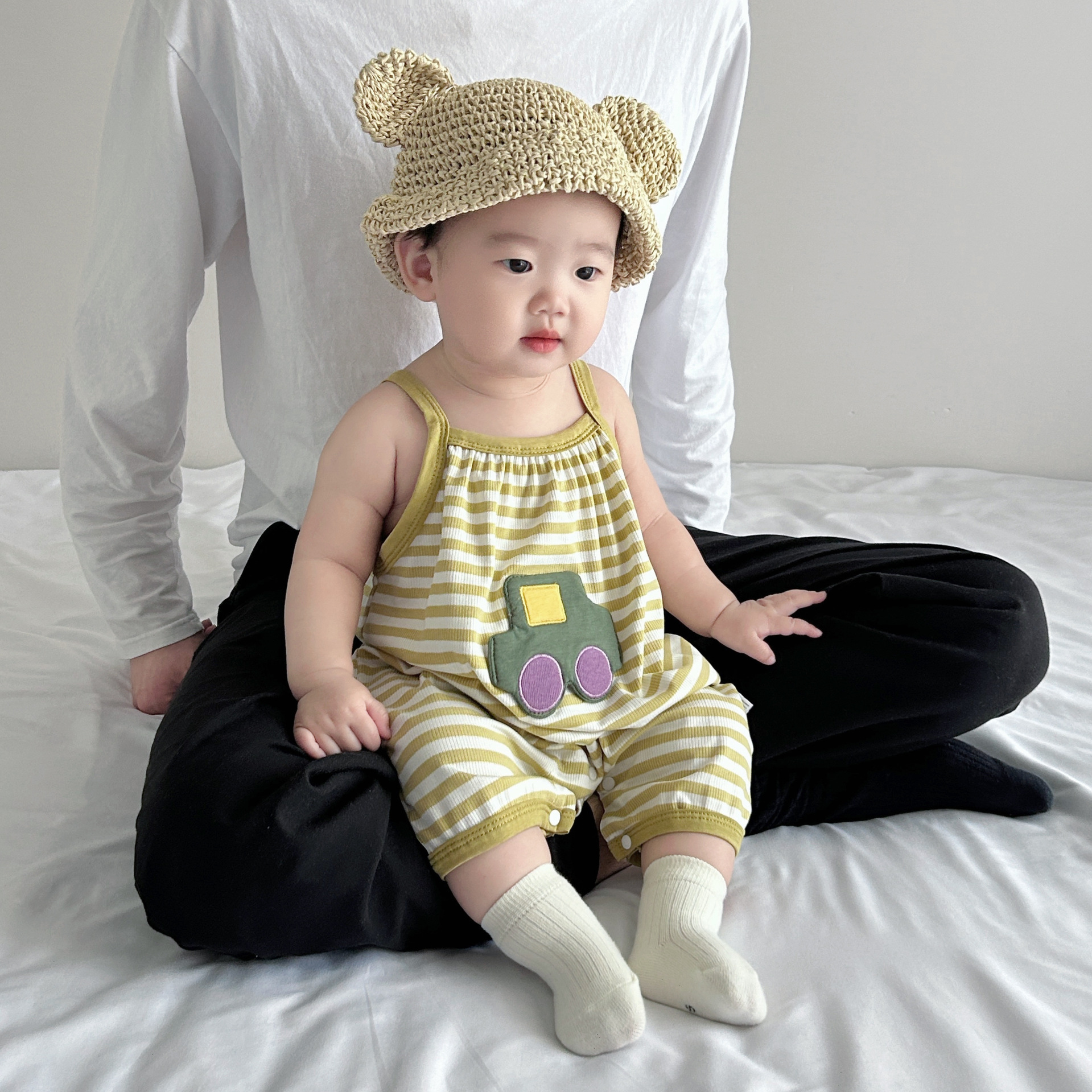 Baby Car Patch Striped Suspender Romper