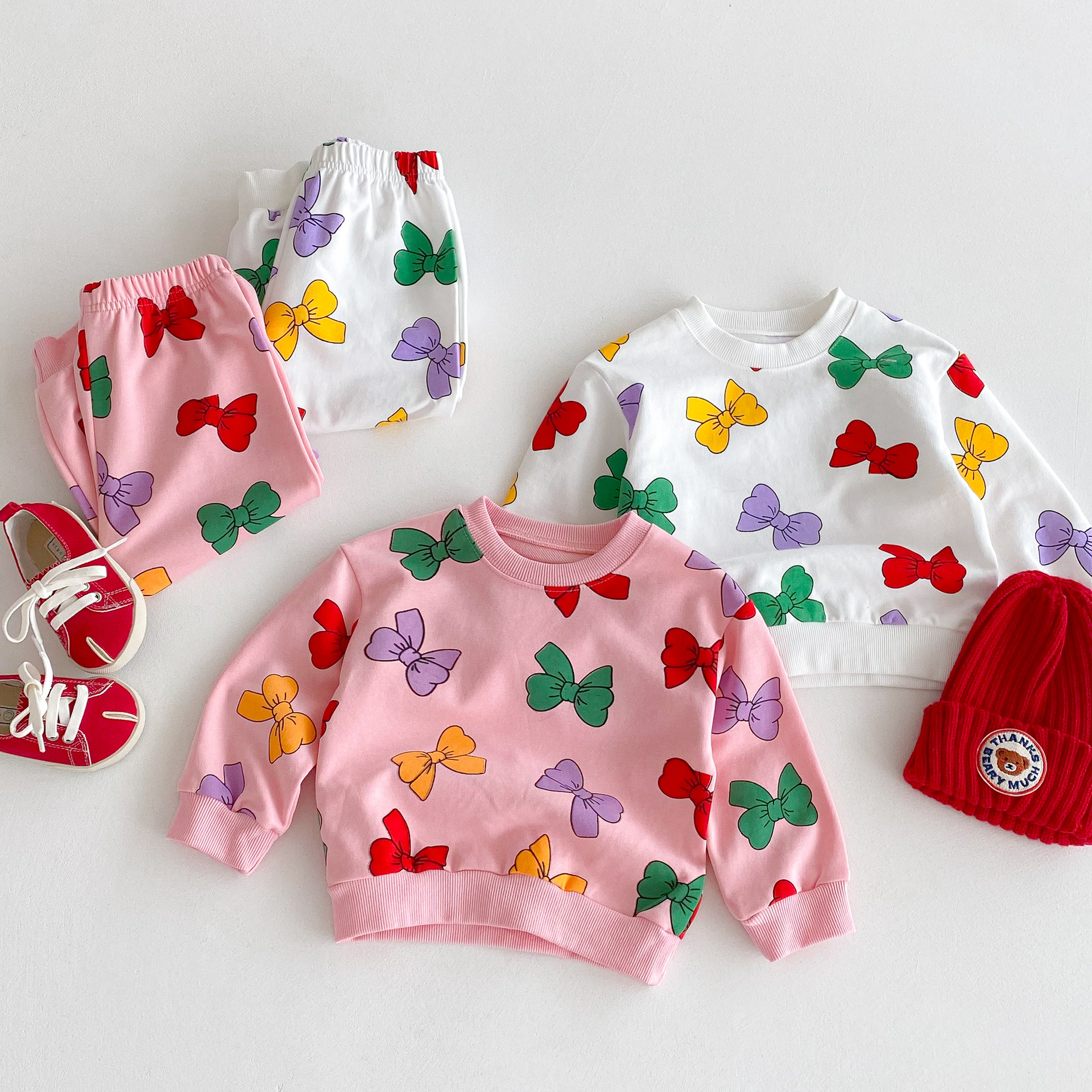 Toddler Girl 2 Piece Colorful Bow Sweatshirt Set