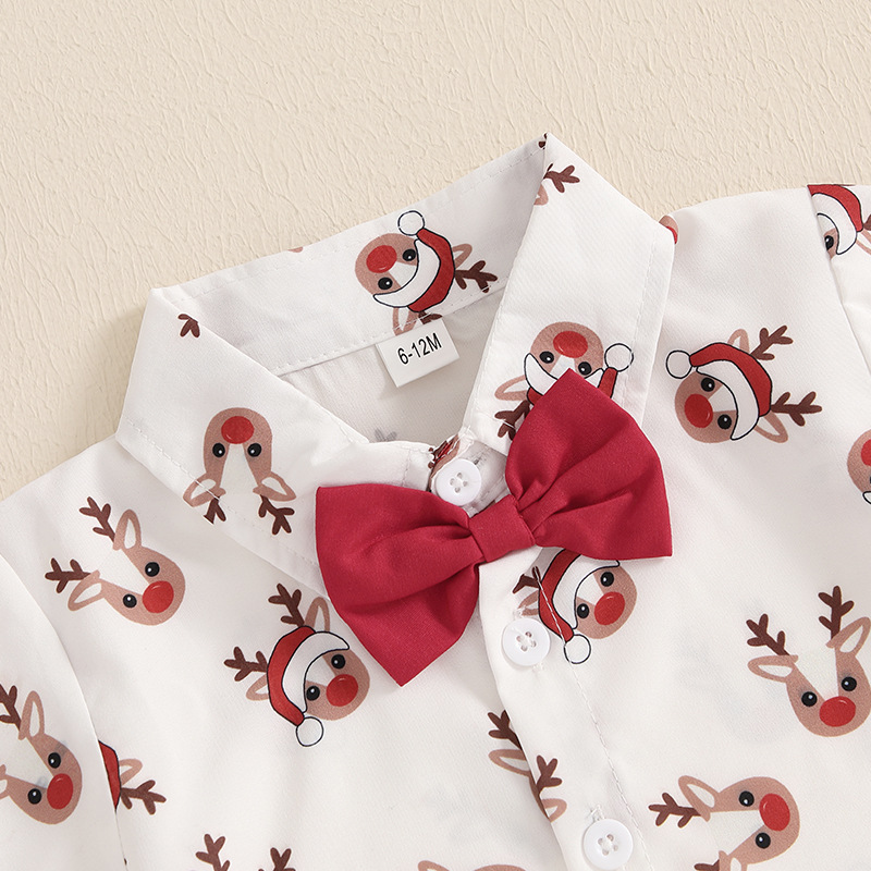 Boys & Christmas Deer Print Bow Tie Short Sleeve Shirt and Shorts 2-Piece Set