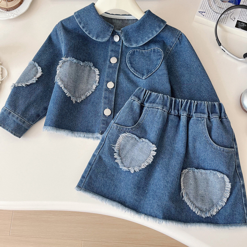 Toddler Girls Denim Love Patch Jacket Pleated Skirt Suit