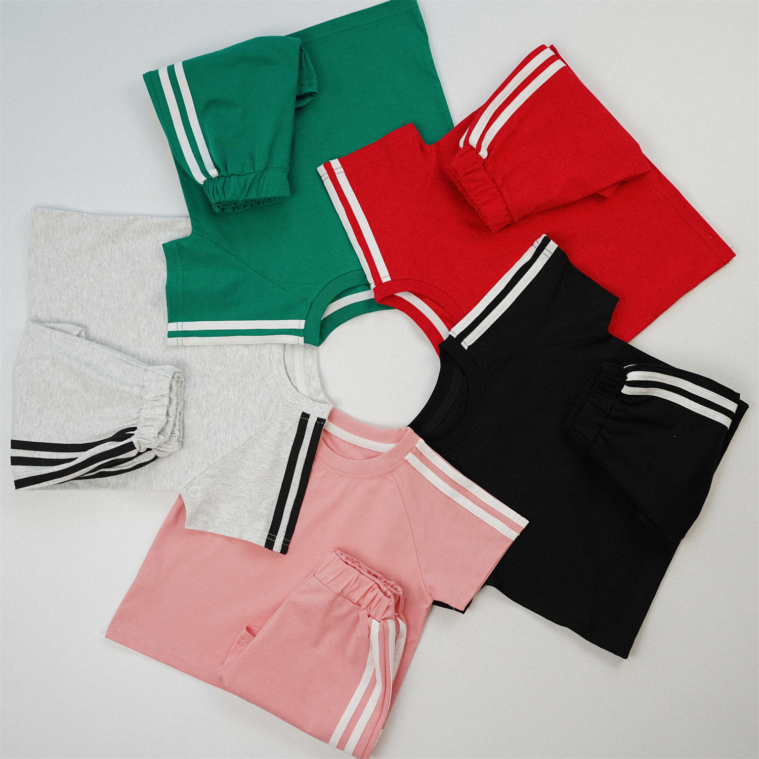 Kids Solid Color Stripe Sports Top and Short Pants Set