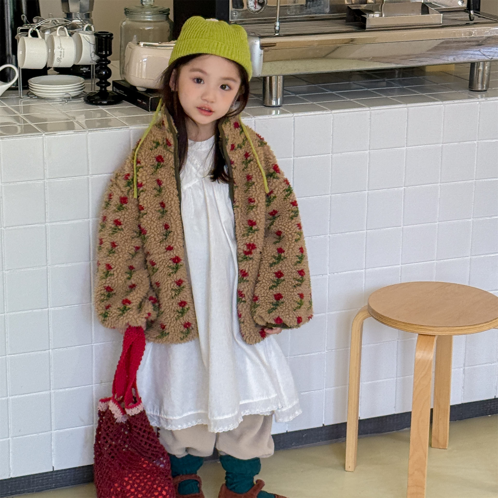 Kids Girls Floral Print Sweet Fleece Outerwear