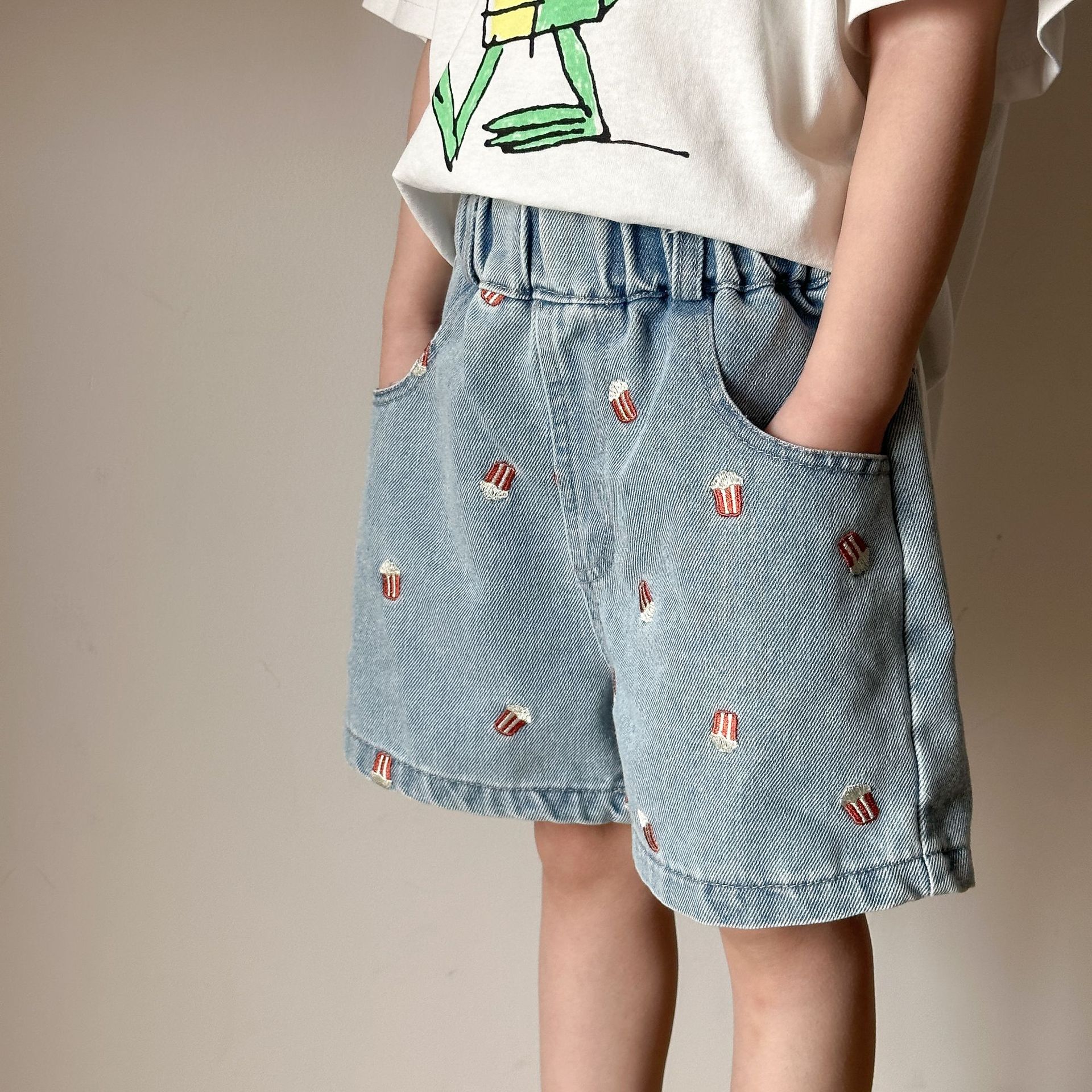 Toddler Embroidered Popcorn Denim Shorts