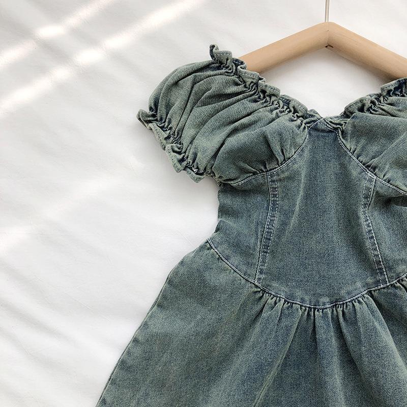 Kid Girl V Neck Lace Denim Dress
