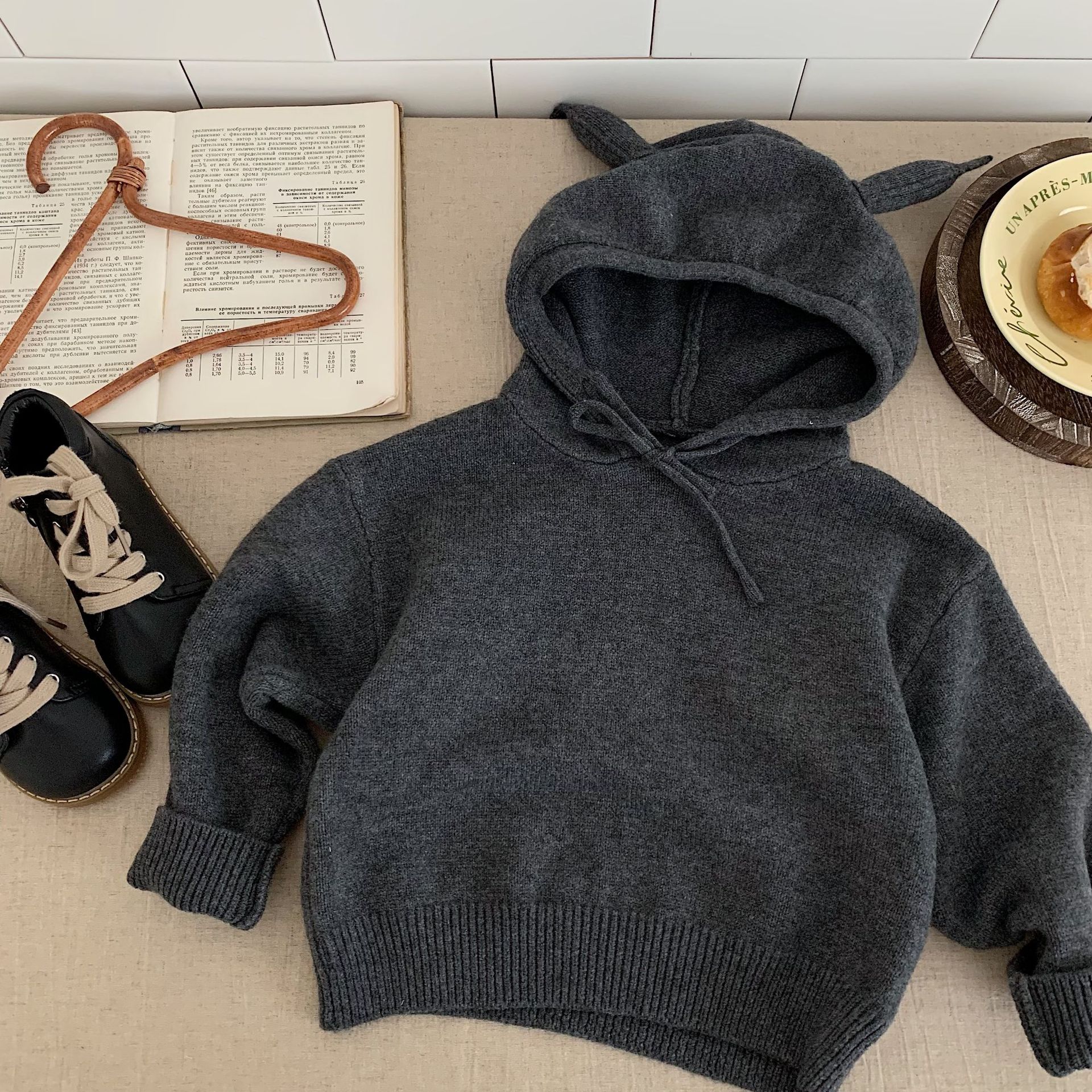 Kid Hooded Ear Solid Color Sweater