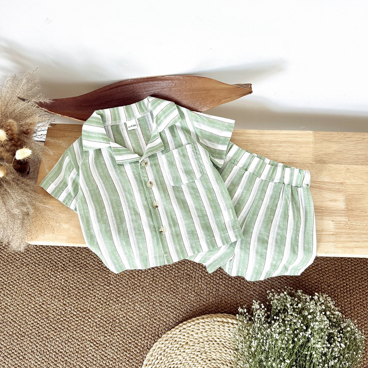 Baby 2-Piece Green Striped Polo Set