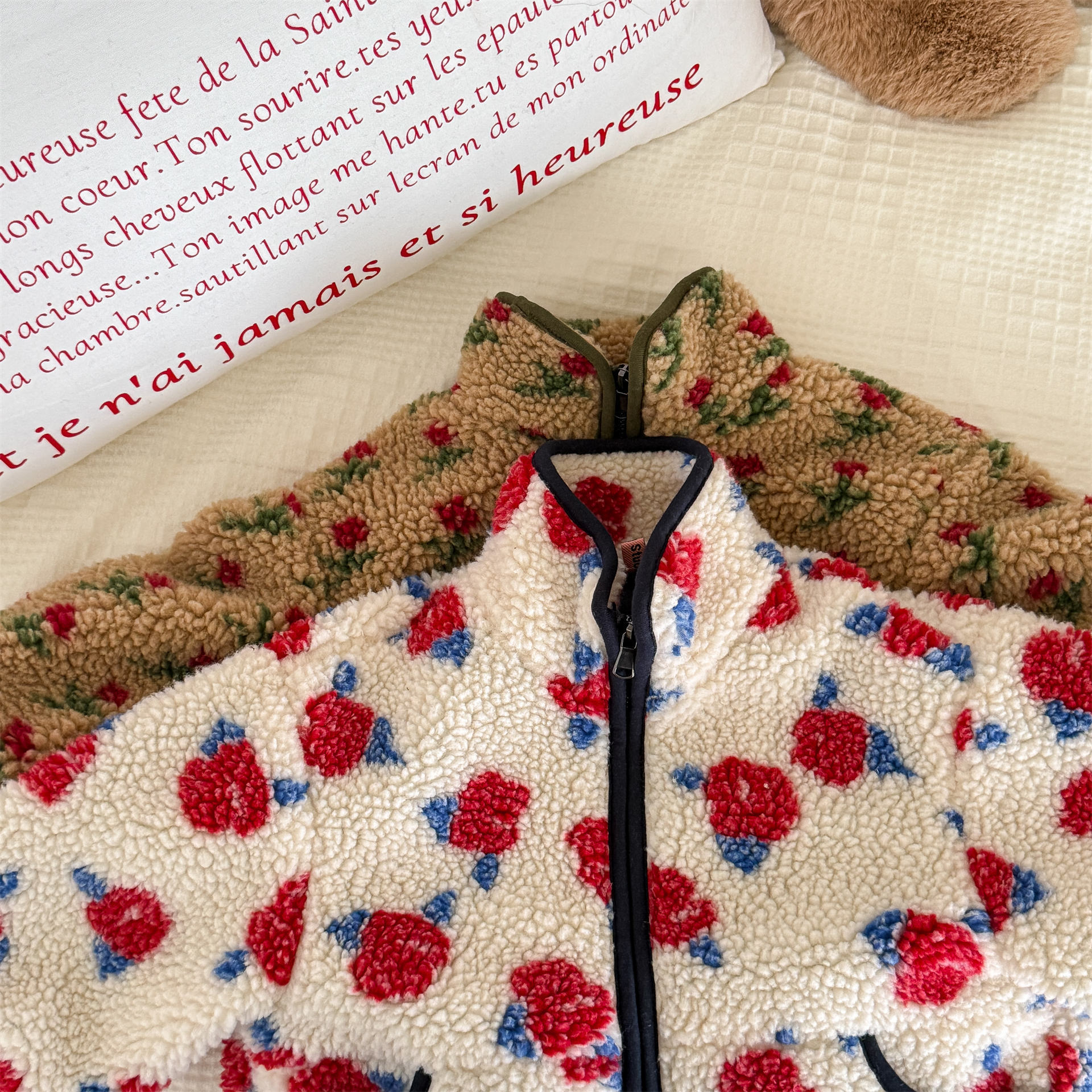 Kids Girls Floral Print Sweet Fleece Outerwear