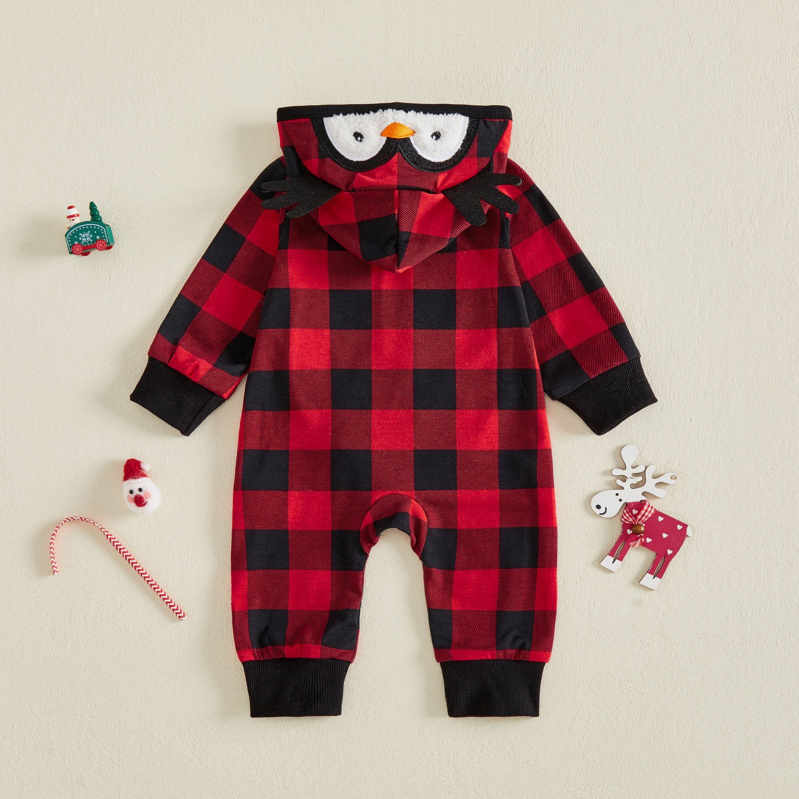 Cute Penguin Baby Hooded Zipper & Allover Print Plaid Long Sleeve Jumpsuit
