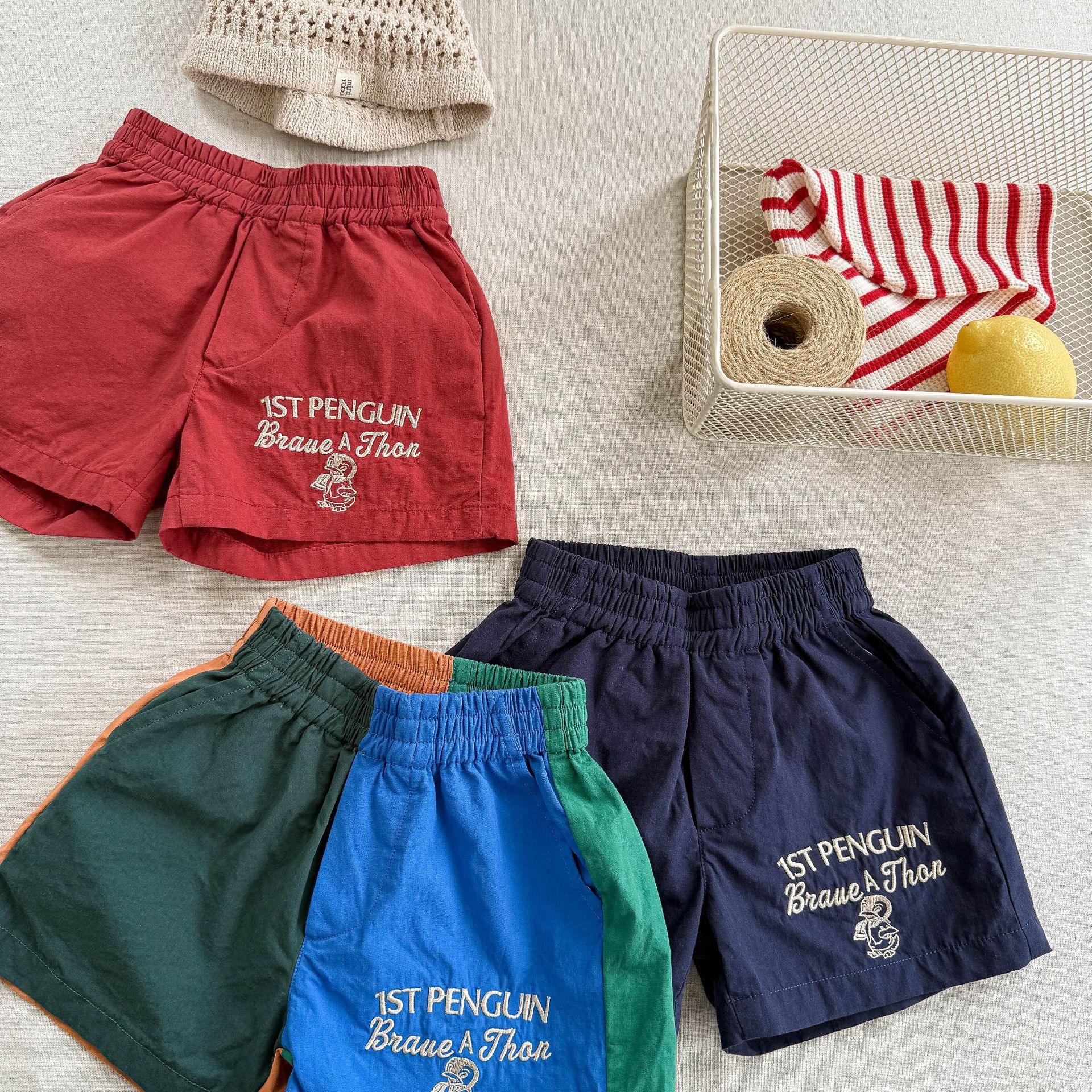 Toddler Penguins Embroidery Contrast Shorts