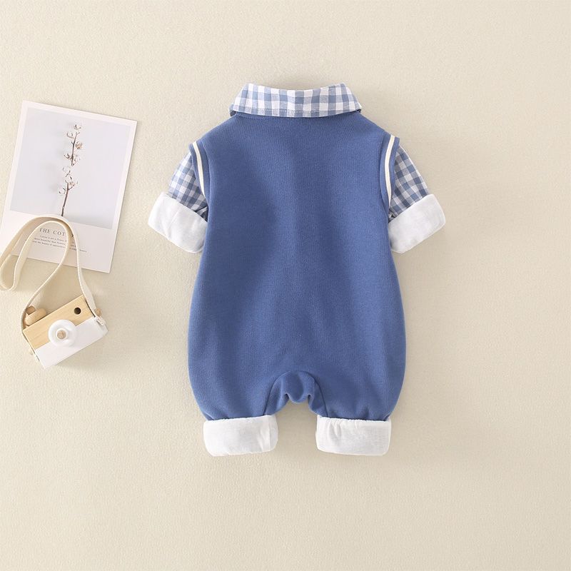  Baby Boy Double Bear Plaid Knot Bow Causual Romper