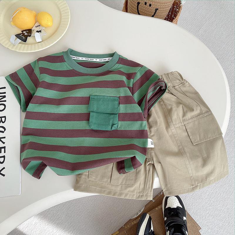 Toddler Boy Green Striped T-shirt and Pants 2 Pieces Set
