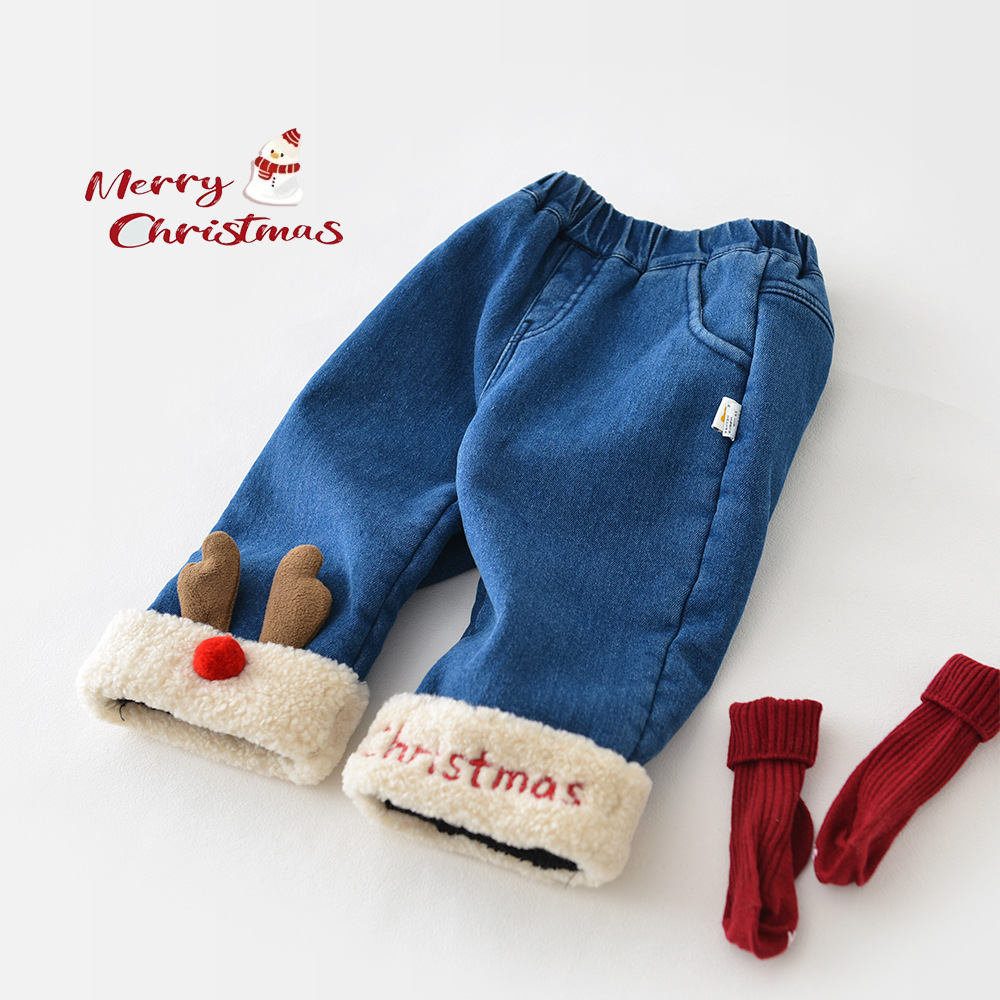 CHRISTMAS Baby Denim Deer Fleece Lined Pants