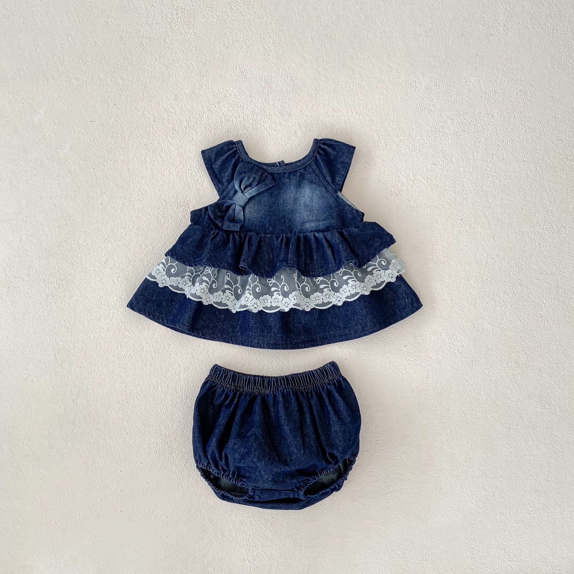 Baby Bow Tie Denim Dress and Shorts Set